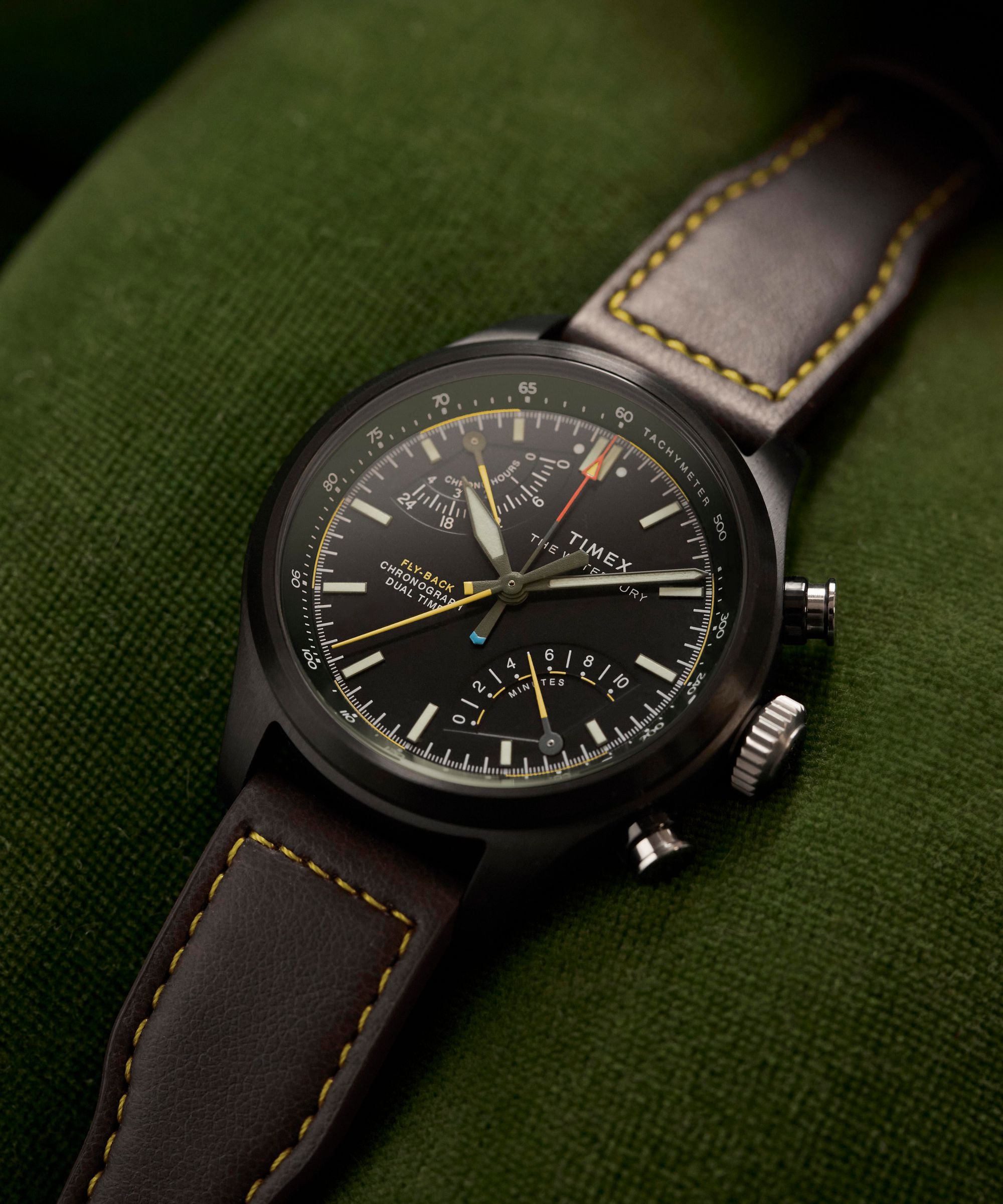 Timex Quarzuhr »Waterbury Ace Fly-Back Chronograph« Armbanduhr, Herrenuhr, Lederarmband, analog, Beleuchtung