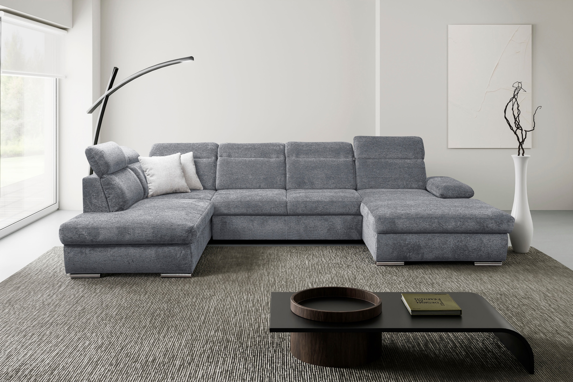 Wohnlandschaft WERK2 "Cordoba inkl. Bett, Bettkasten & Kopfteilfunktion, Breite 359 cm", grau, B:359cm H:86cm T:232cm, 100% Polyester, Sofas, Wohnlandschaft, bequem, komfortable Wellenunterfederung, inkl. Schlaffunktion, U-Form