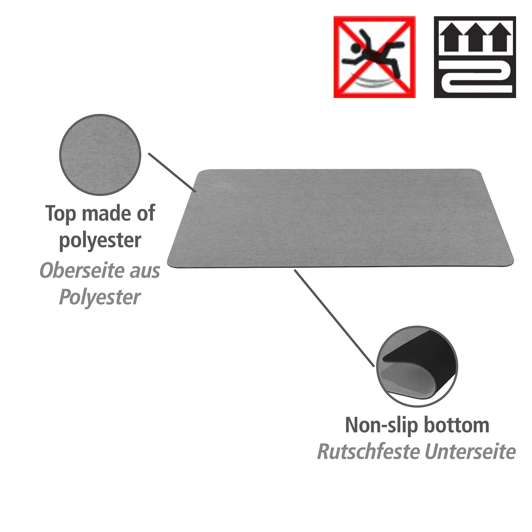 WENKO Badematte Höhe 5 mm fußbodenheizungsgeeignet | schnell trocknend wasserabsorbierend, rutschfeste Unterseite, Polyester-Oberfläche