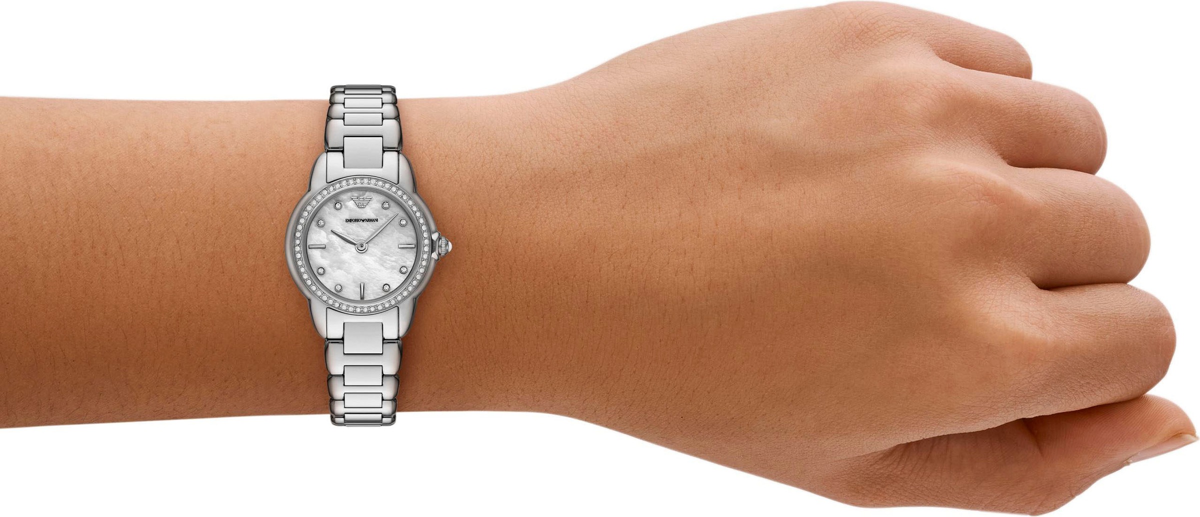 Emporio Armani Quarzuhr, Armbanduhr, Damenuhr, Edelstahlarmband, analog, Glassteine