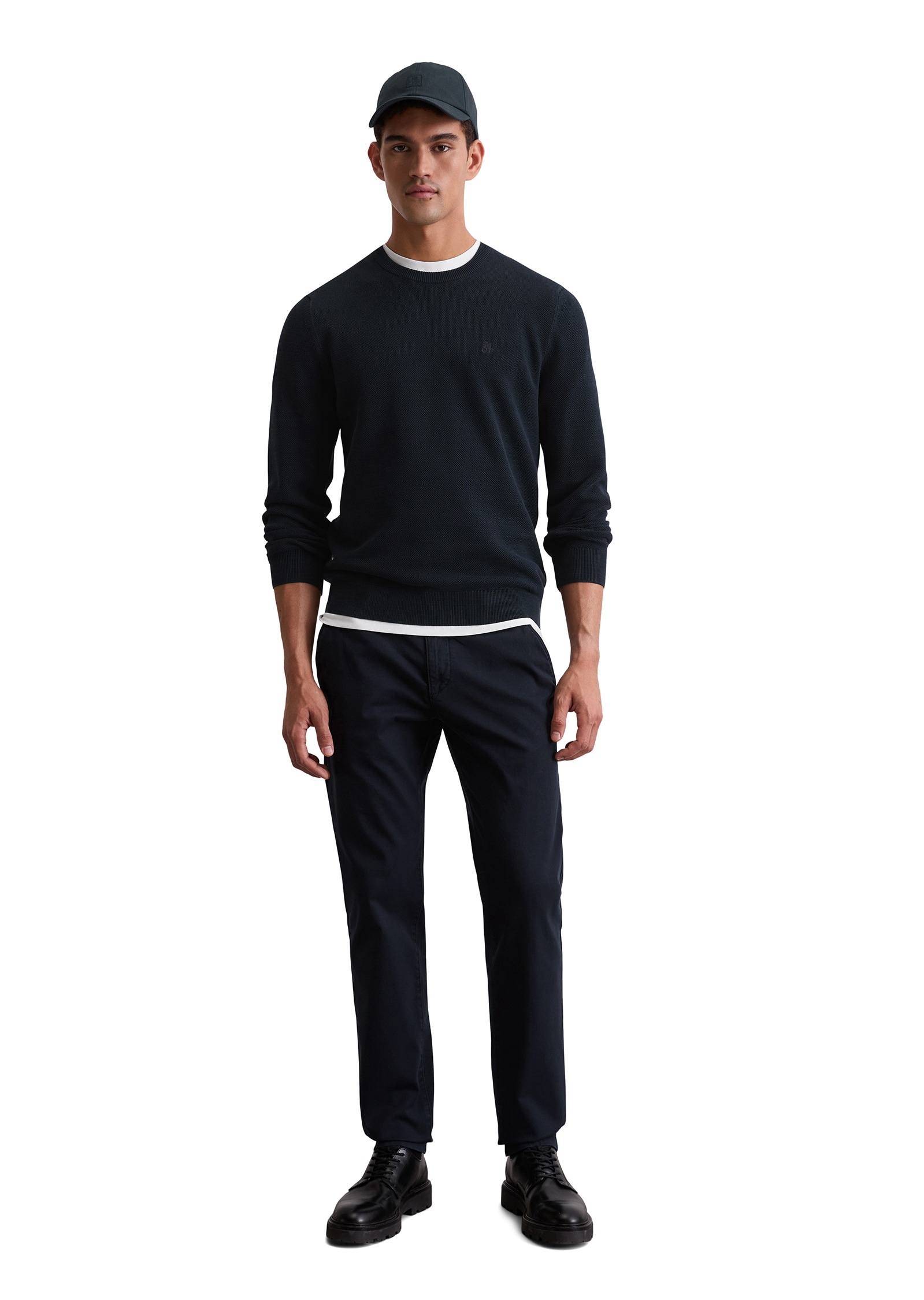 Rundhalspullover MARC O'POLO, Herren, Gr. L, blau (marineblau), Strick, Obermaterial: 100% Baumwolle, Rundhals, Bündchen, Pullover Rundhalspullover, in Piqué-Struktur 5