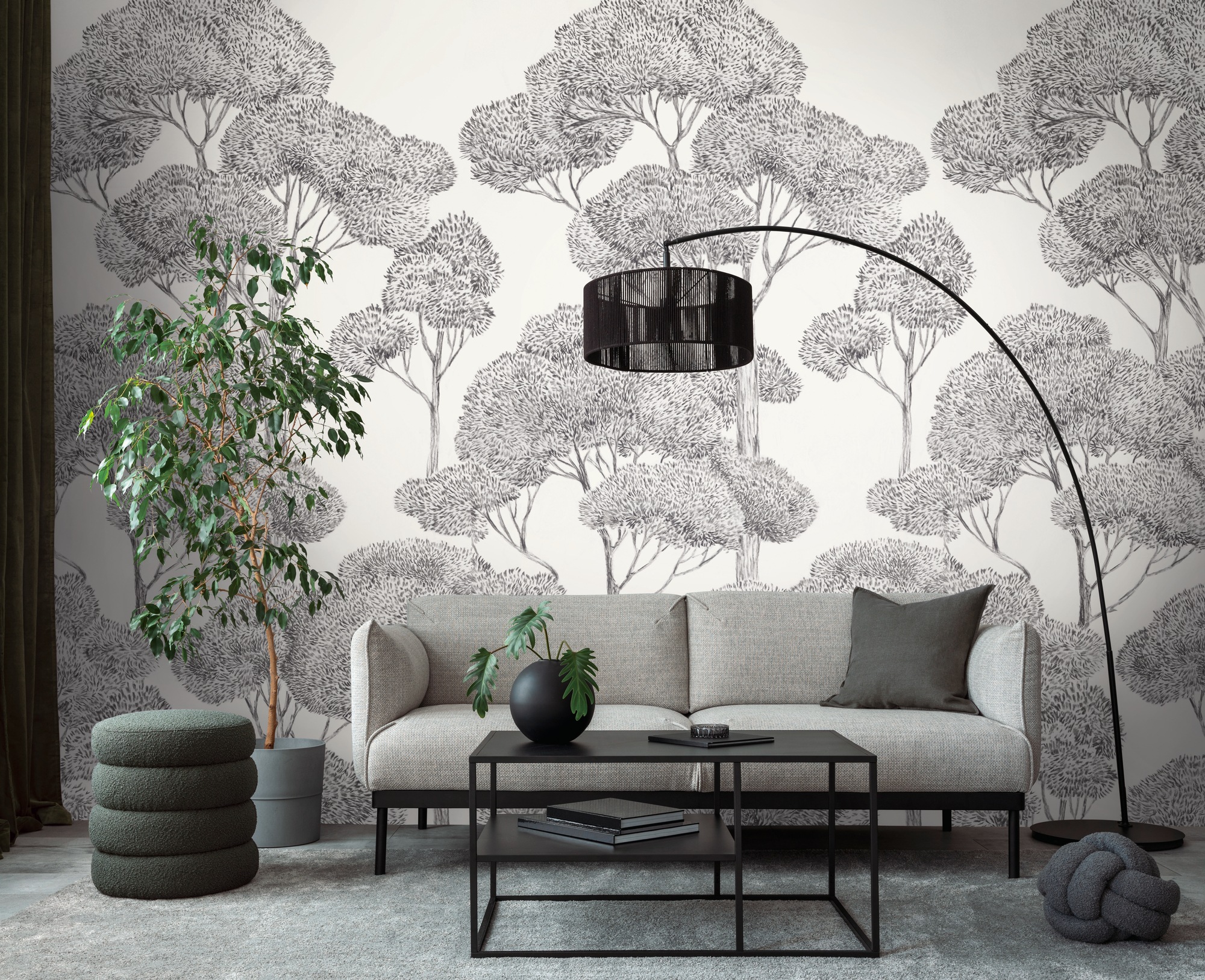 living walls Vliestapete »Vibes & Styles Silvanor – Forest Sketch Fototapete« Comic leicht strukturiert Stilisierte Baumlandschaft mit feinen Linien und ruhiger Tiefenwirkung