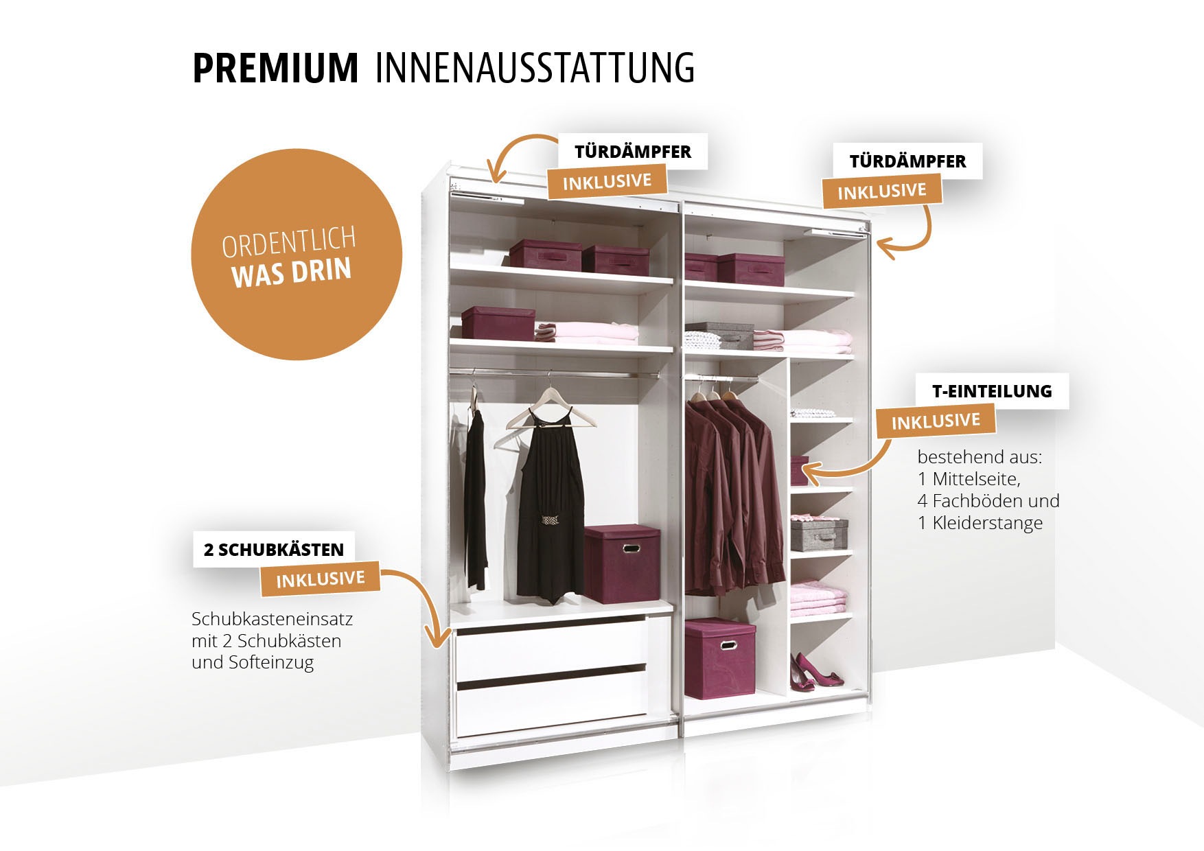 STAUD Schwebetürenschrank »Includo, Made in Germany«, Mit vier verschiedenen Ausstattungsvarianten