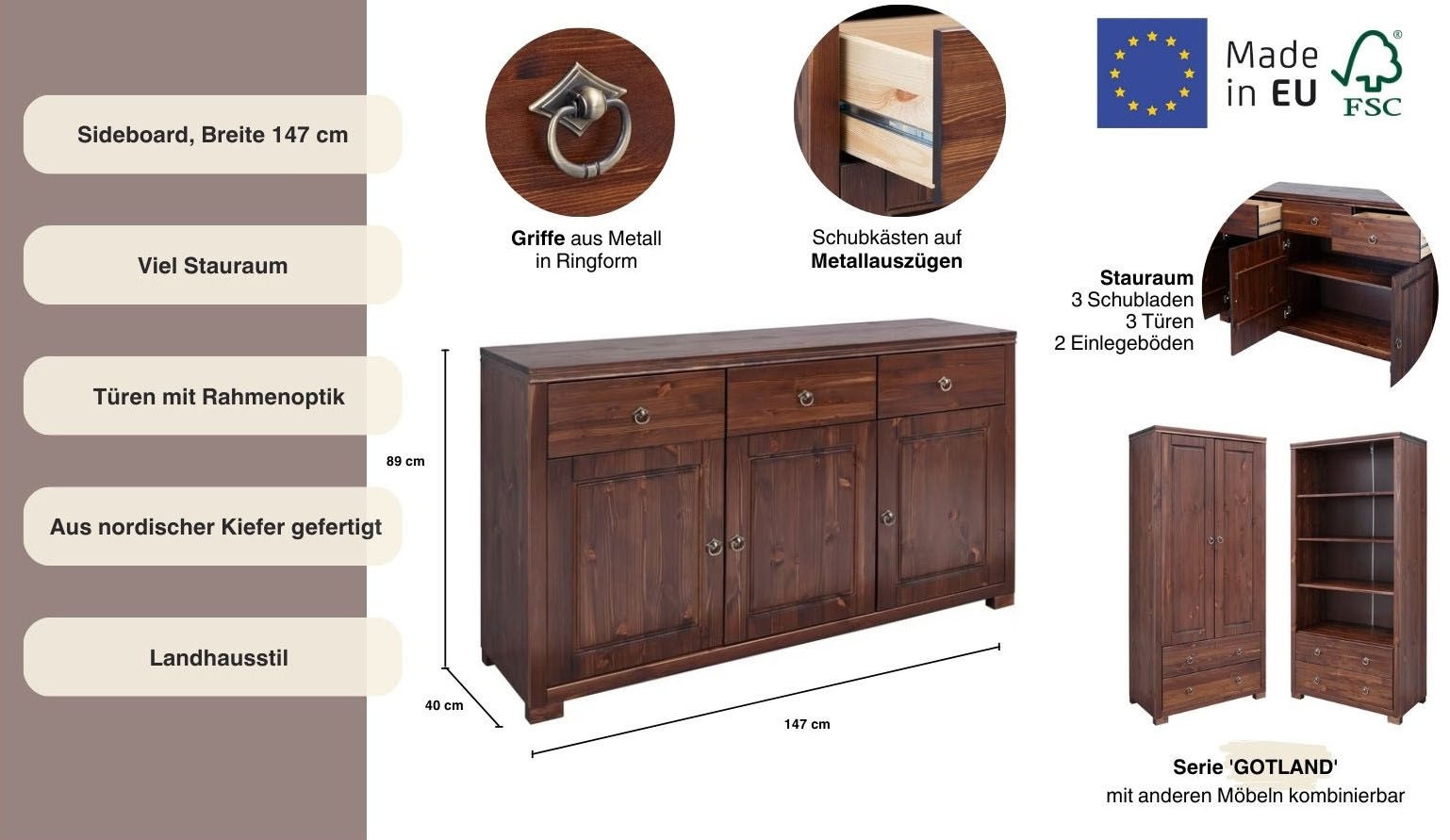 Home affaire Sideboard »Gotland«, Kommode, Breite 147 cm, aus massiver Kiefer, FSC®