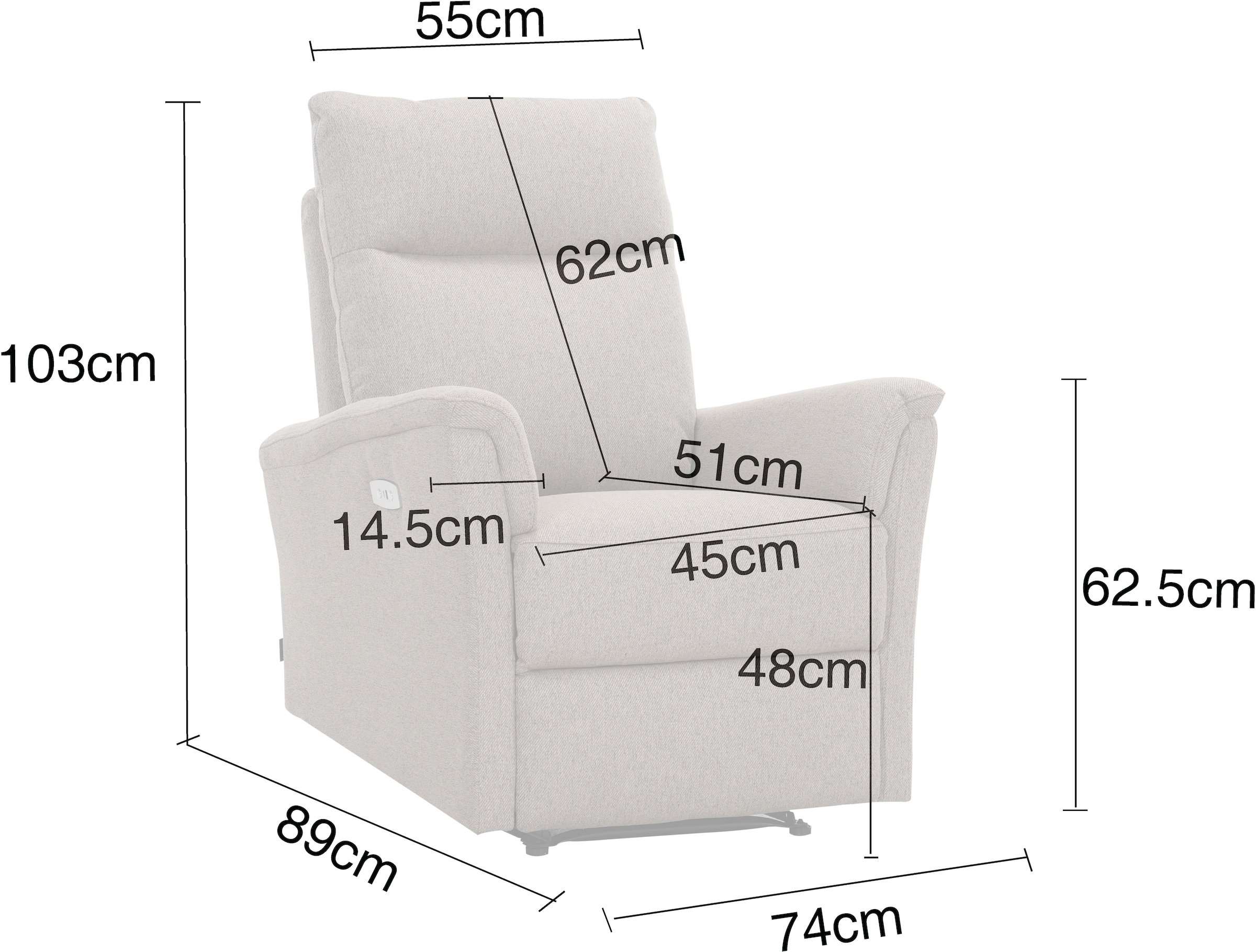 Home affaire Relaxsessel »FINNARA, Relaxsessel, TV-Sessel, elelektrische Relaxfunktion, USB A/C« Liegefunktion 105°-135°, Federkern,