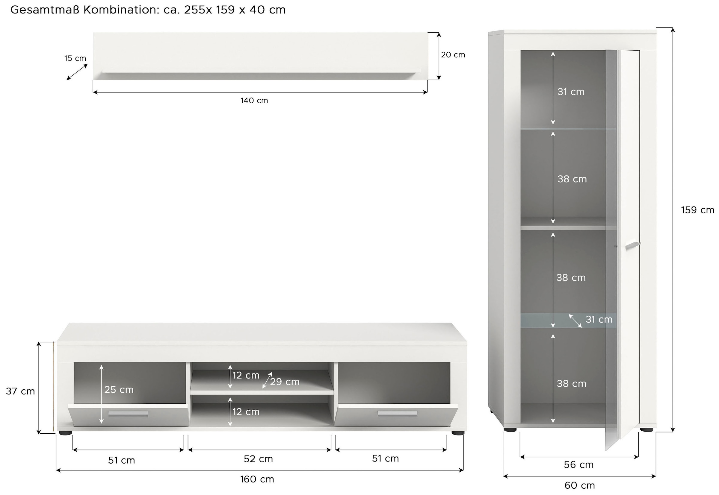 INOSIGN Wohnwand »Aosta, Breite 235cm, bestehend aus Lowboard, Wandboard, Vitrine«, (3 St.), Wohnwand, Kombination, Anbauwand, Möbel Set, Schrankwand, Möbel Kombi