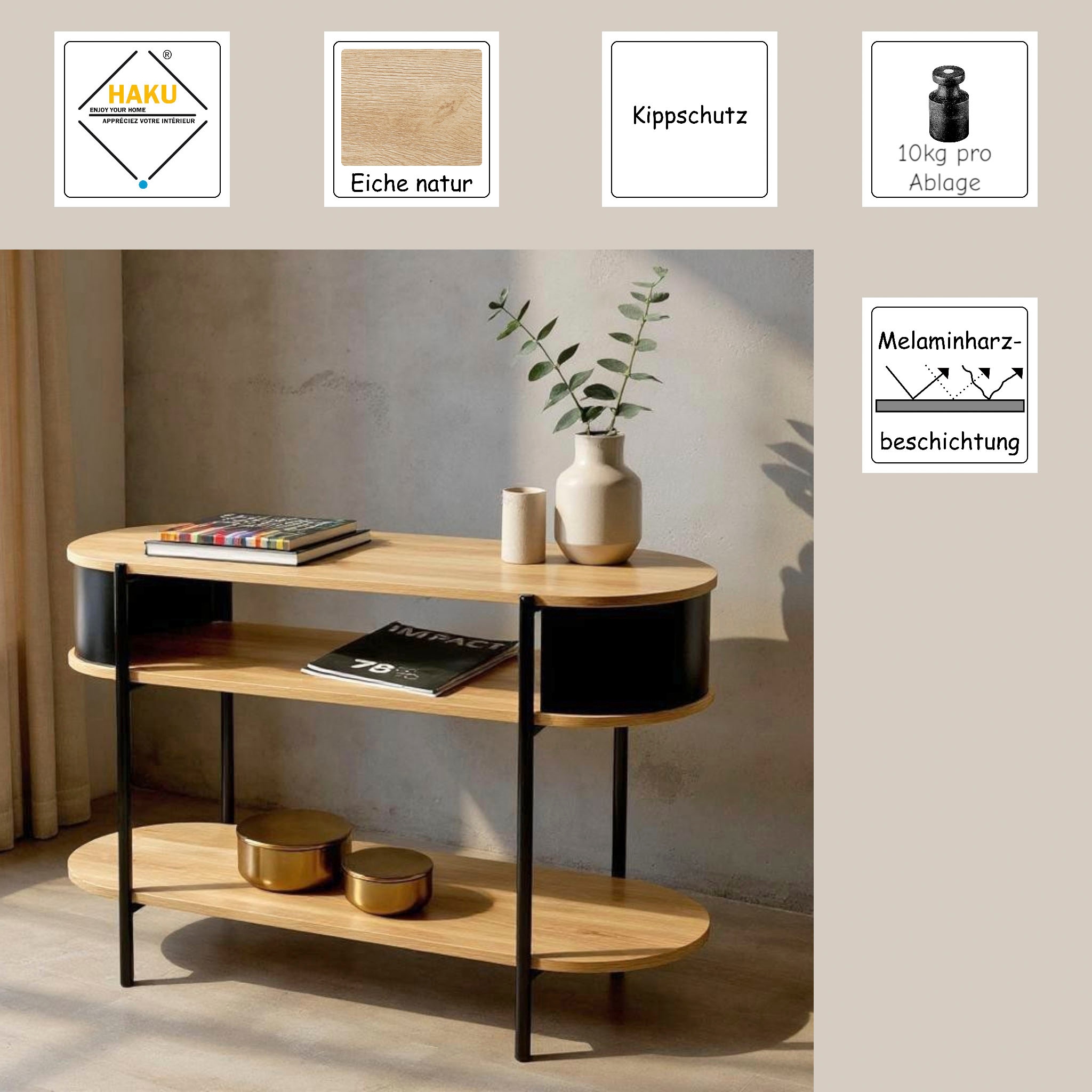 HAKU Konsolentisch »Beistelltisch« 1 Stk. tlg. oval - aus MDF Braun B/T/H 110/39/76 cm