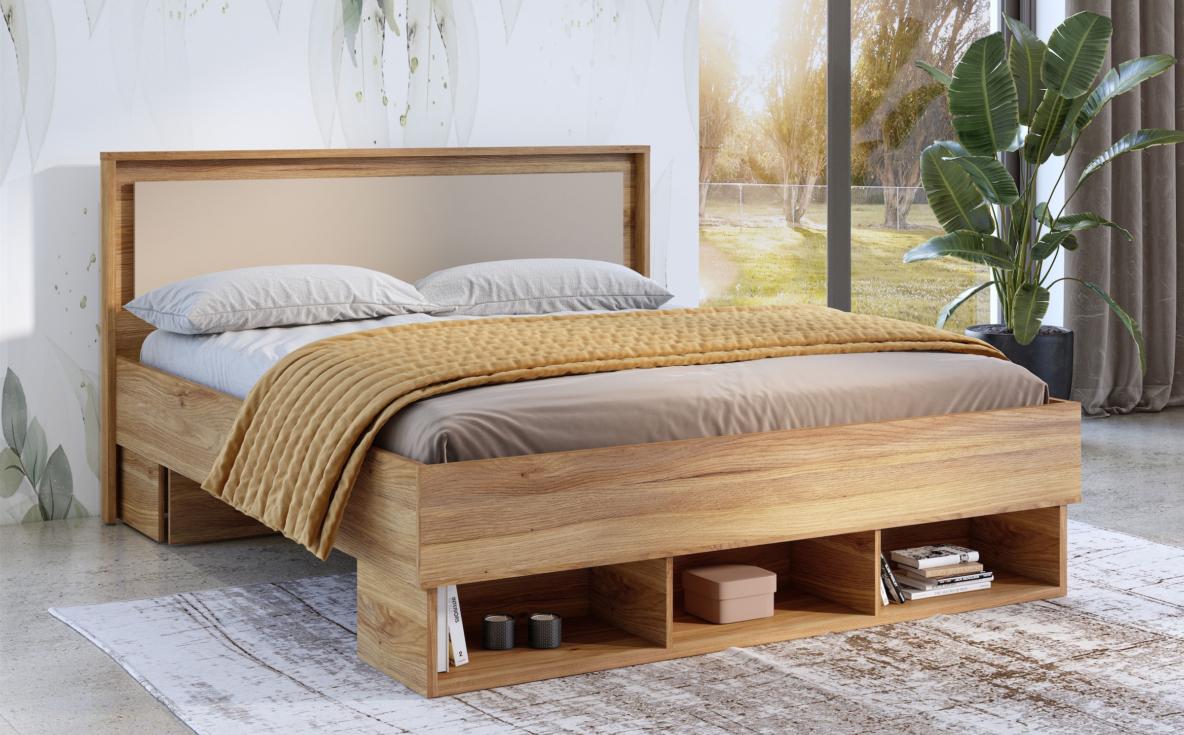 INOSIGN Bettgestell »Wharton, 140, 160 oder 180cm Breite, Made in Europe«, (mit oder ohne Stauraumschubladen), Doppelbett mit offenen Regalen, FSC-zertifizierter Holzwerkstoff