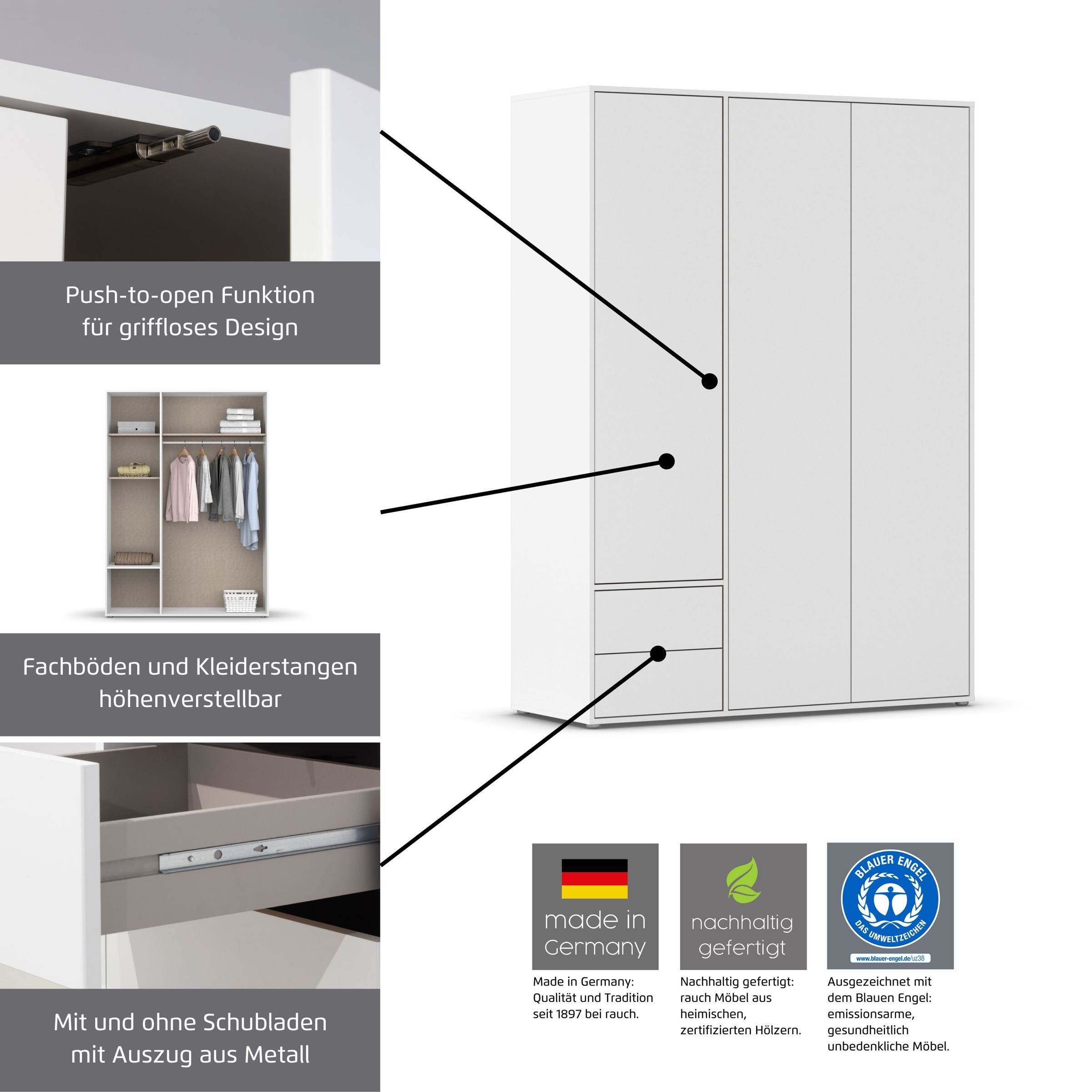 rauch Drehtürenschrank »Kleiderschrank Schrank Garderobe Wäscheschrank NABILA viel Stauraum«, (in 3 verschiedenen Ausstattungen BASIC/CLASSIC/PREMIUM), mit 2 Schubladen und Push-to-Open Funktion TOPSELLER MADE IN GERMANY