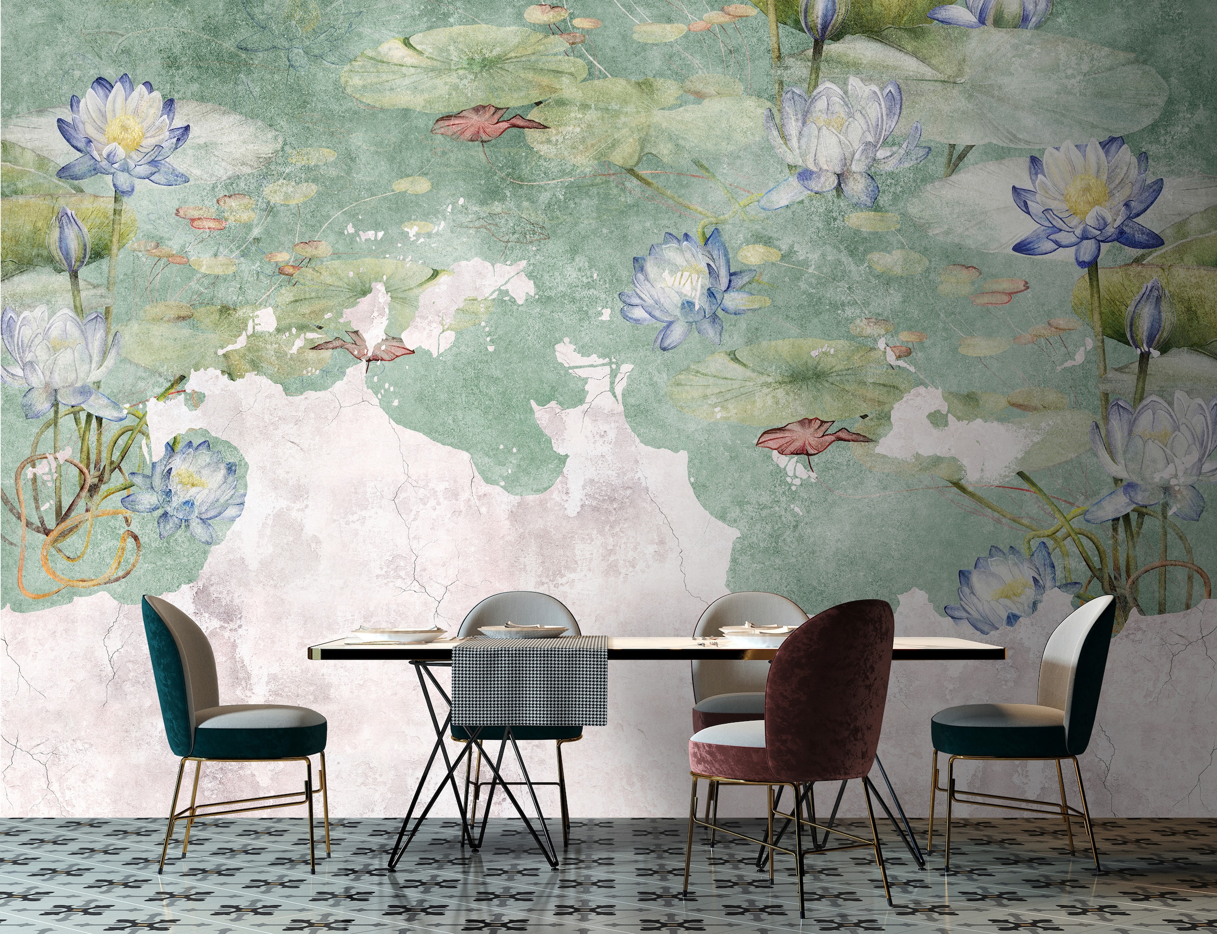 living walls Vliestapete "Seerosen-Tapete Vintage-Optik Grün Blau" matt glatt