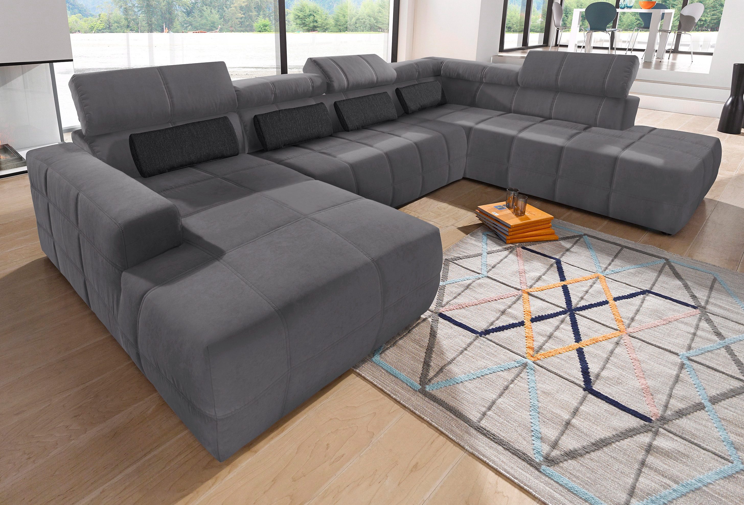 DOMO collection Wohnlandschaft "BRANDON belastbar bis 140 kg/Sitz, 359x228 cm, U-Form" ohne Sitztiefenverstellung, Luxus-Microfaser, dunkelgrau