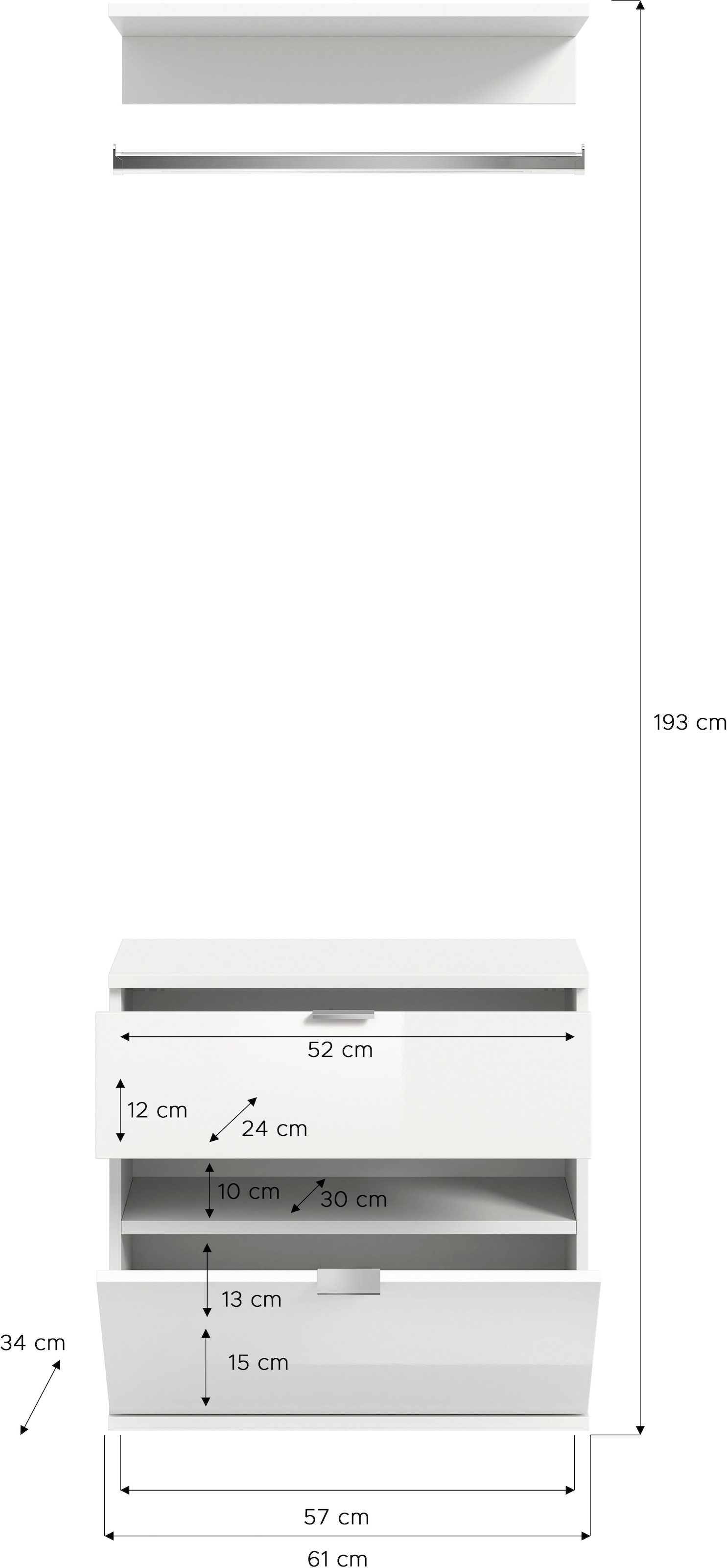 INOSIGN Garderoben-Set »Trondheim, Breite 61 cm, best. aus Kommode, Garderobenstange & Ablage«, (3 St.), Zwischenbauelement für Hochschränke der Serie Trondheim