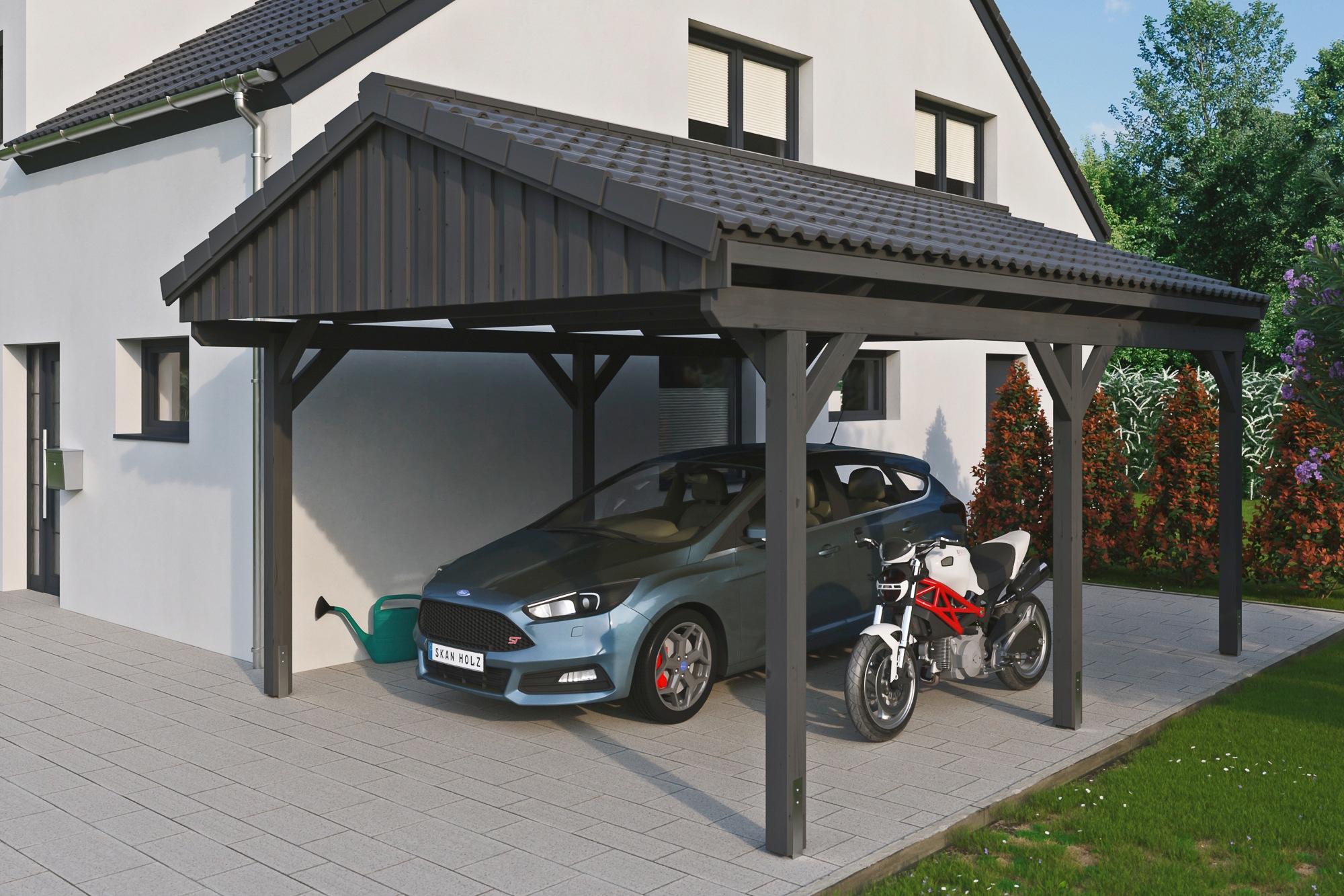 Skanholz Einzelcarport "Fichtelberg", Leimholz-Nordisches Fichtenholz, dunkelgrau, mit Dachlattung