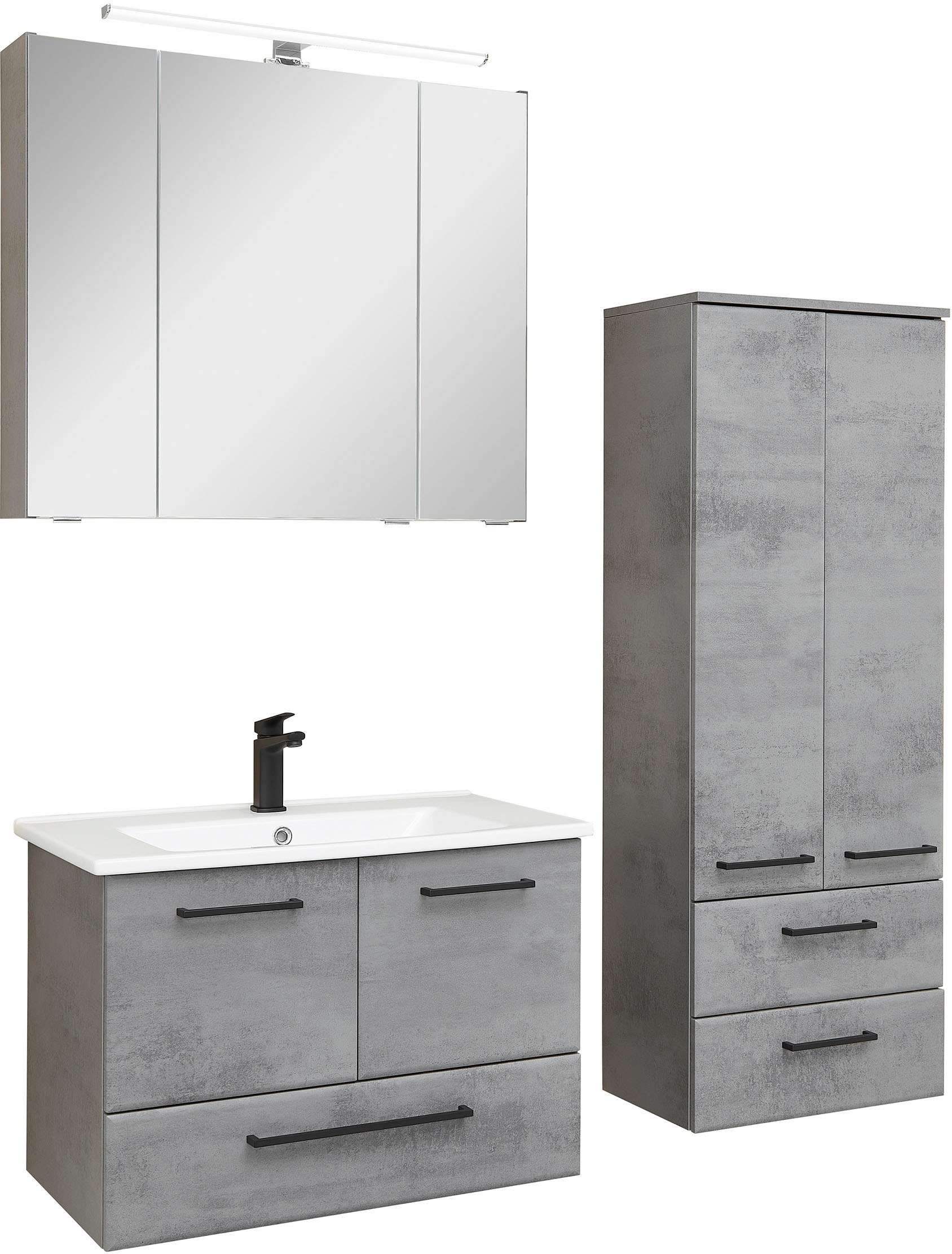 Saphir Badmöbel-Set »Quickset 945 3-teilig, Keramik-Waschtisch mit LED-Spiegelschrank«, (4 St.), Midischrank, 7 Türen, 3 Schubladen, 8 Einlegeböden, inkl. Türdämpfer