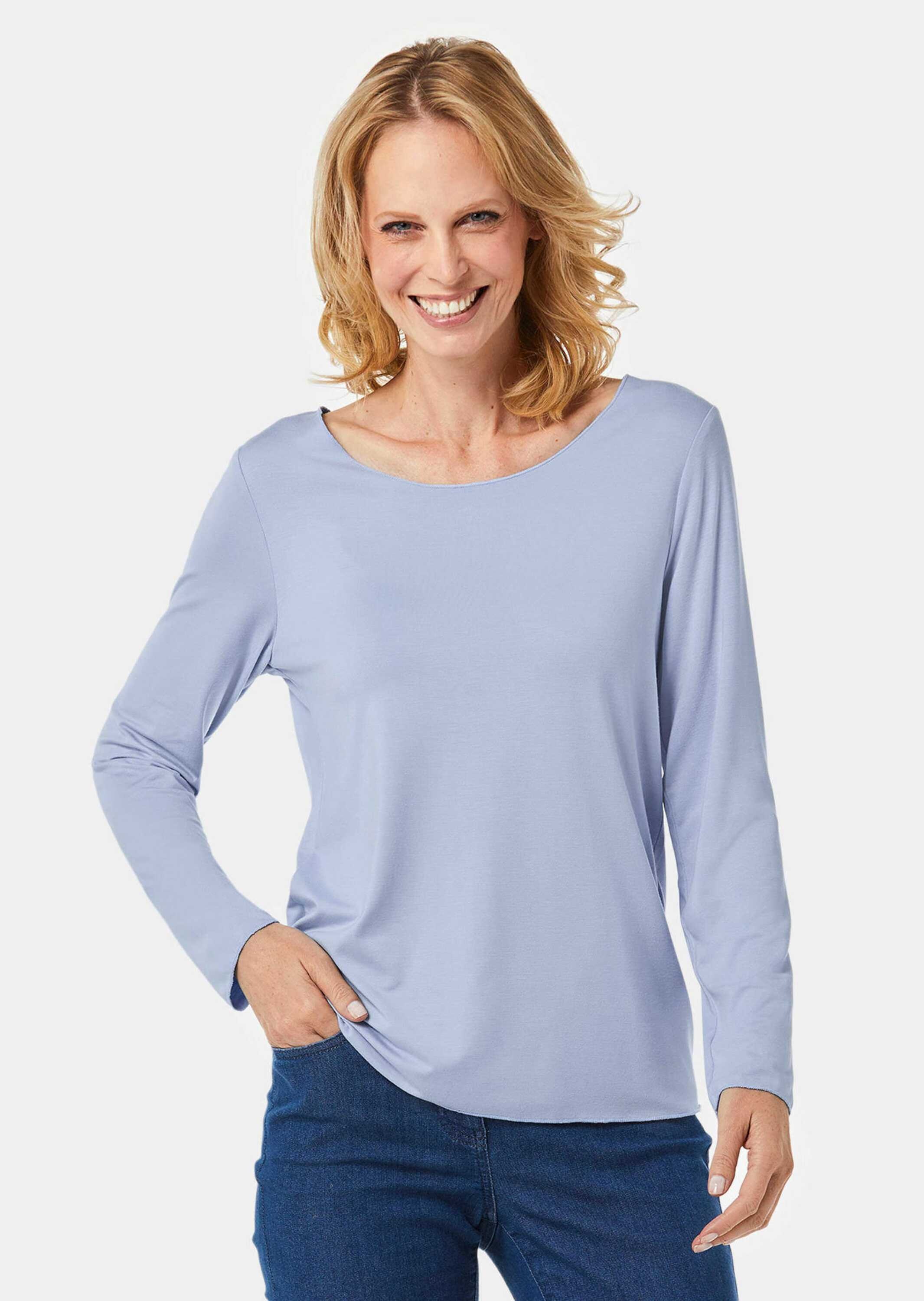 Longpullover GOLDNER "Kurzgröße Langarmshirt mit tonaler Zierkante", Damen, Gr. 22, blau (hellblau), Obermaterial: 90% Viskose CV. 10% Elasthan EL., Sonstiges, Pullover Longpullover, Ohne 3
