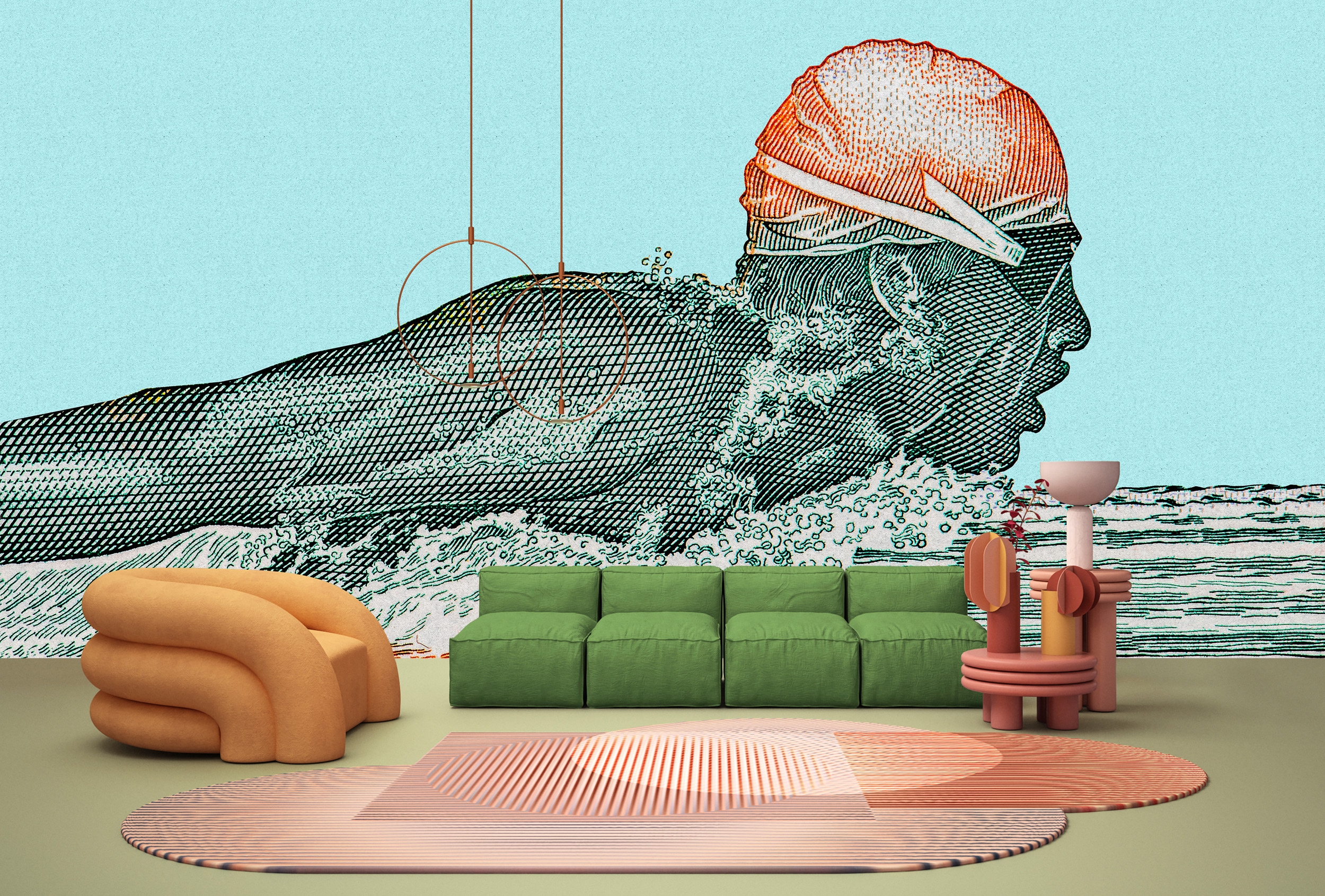 living walls Vliestapete "Fototapete Schwimmer Illustration Türkis Rot" matt glatt
