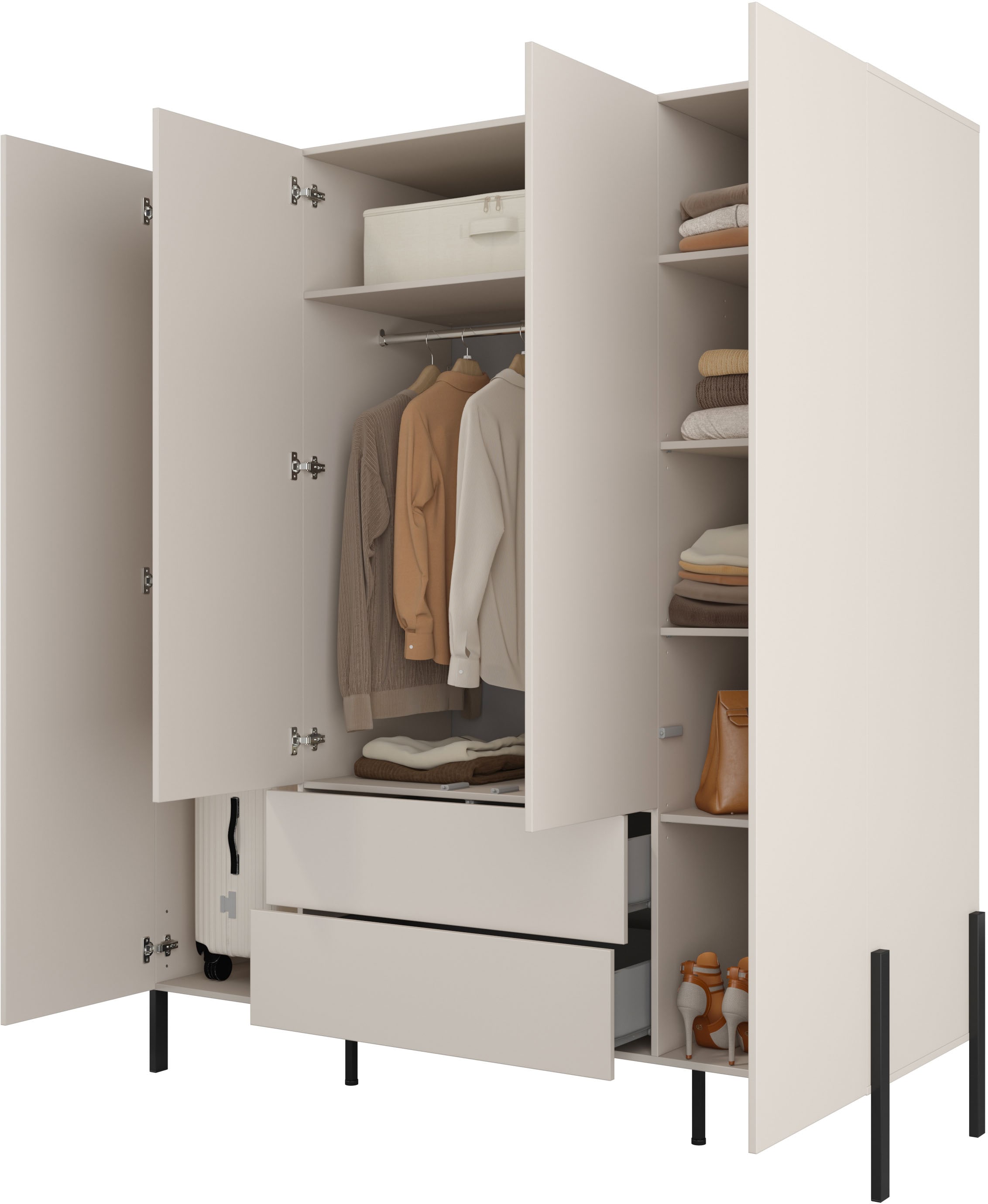 Home affaire Drehtürenschrank »Jukon, moderner Kleiderschrank mit Metallfüßen«, (B/H/T 3-Türer: ca. 135/210/60 4-Türer ca: 180/210/60), Drehtürenschrank 4 Türen/2 Schubkästen, push to open Funktion