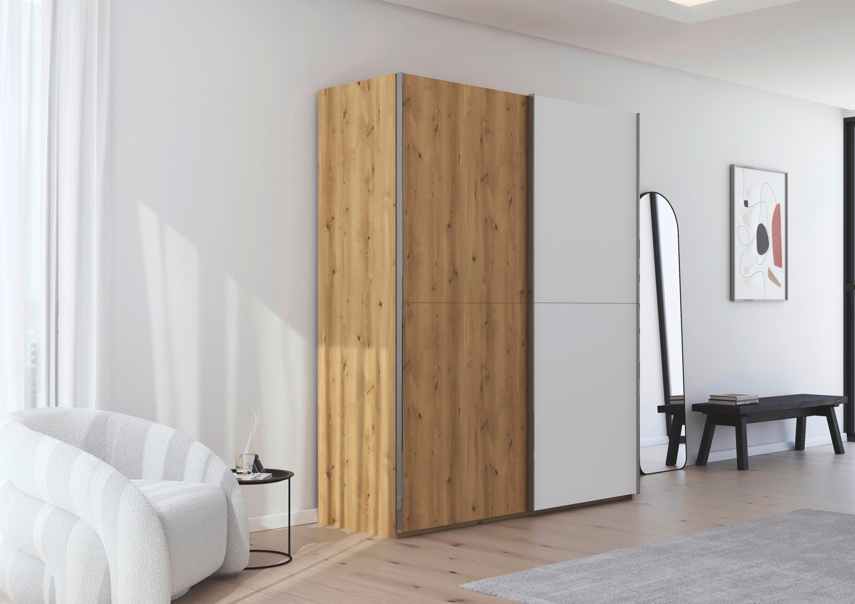 Thumbnail - rauch Schwebetürenschrank "Kleiderschrank Schrank Garderobe Schlafzimmerschrank SCALE-WOOD", edle geteilte Front in mass...