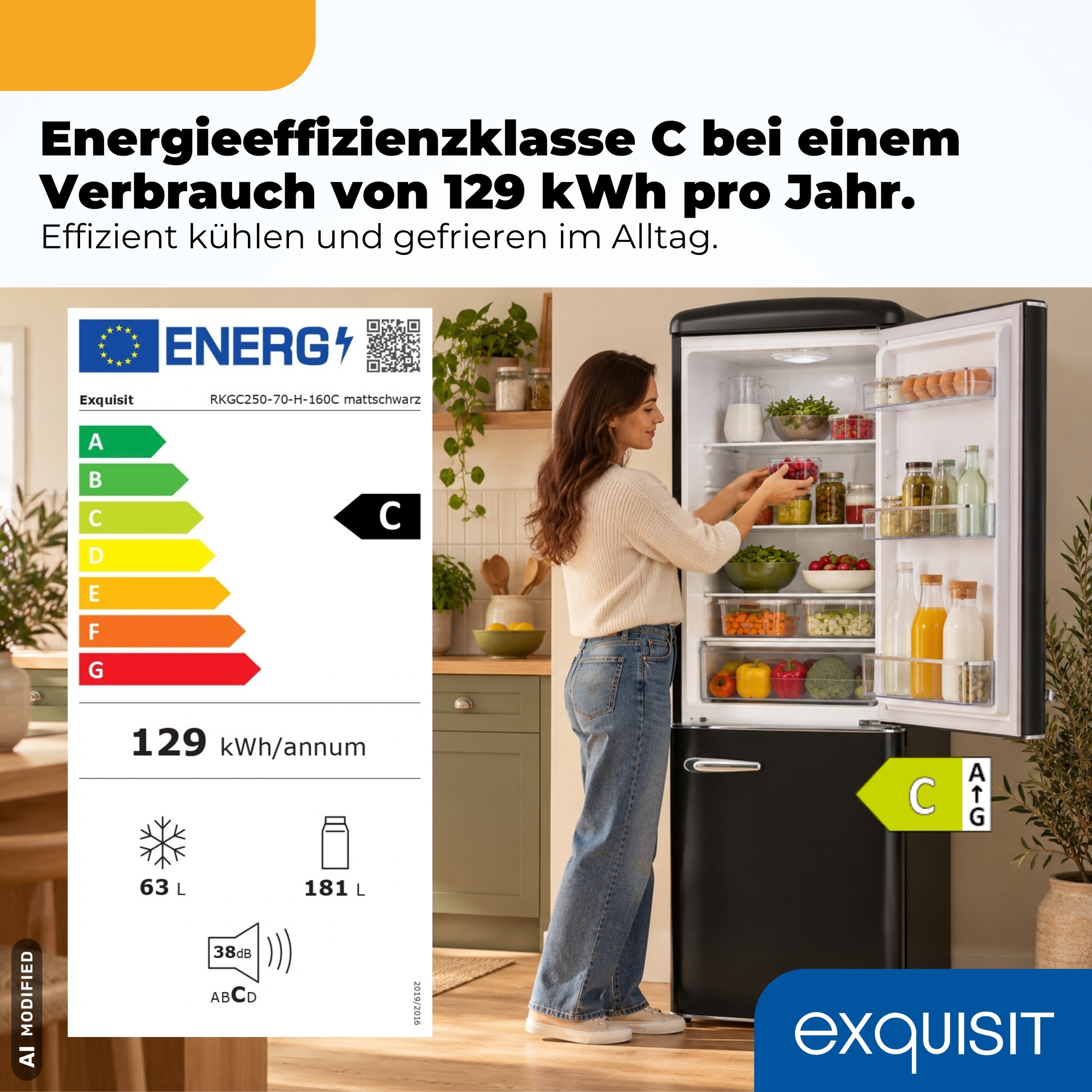 exquisit Kühl-/Gefrierkombination »RKGC250-70-H-160C mattschwarz« 183 cm hoch 54,5 cm breit Retro-Design mit 4-Sterne-Gefrierfach & flexiblen Glasablagen