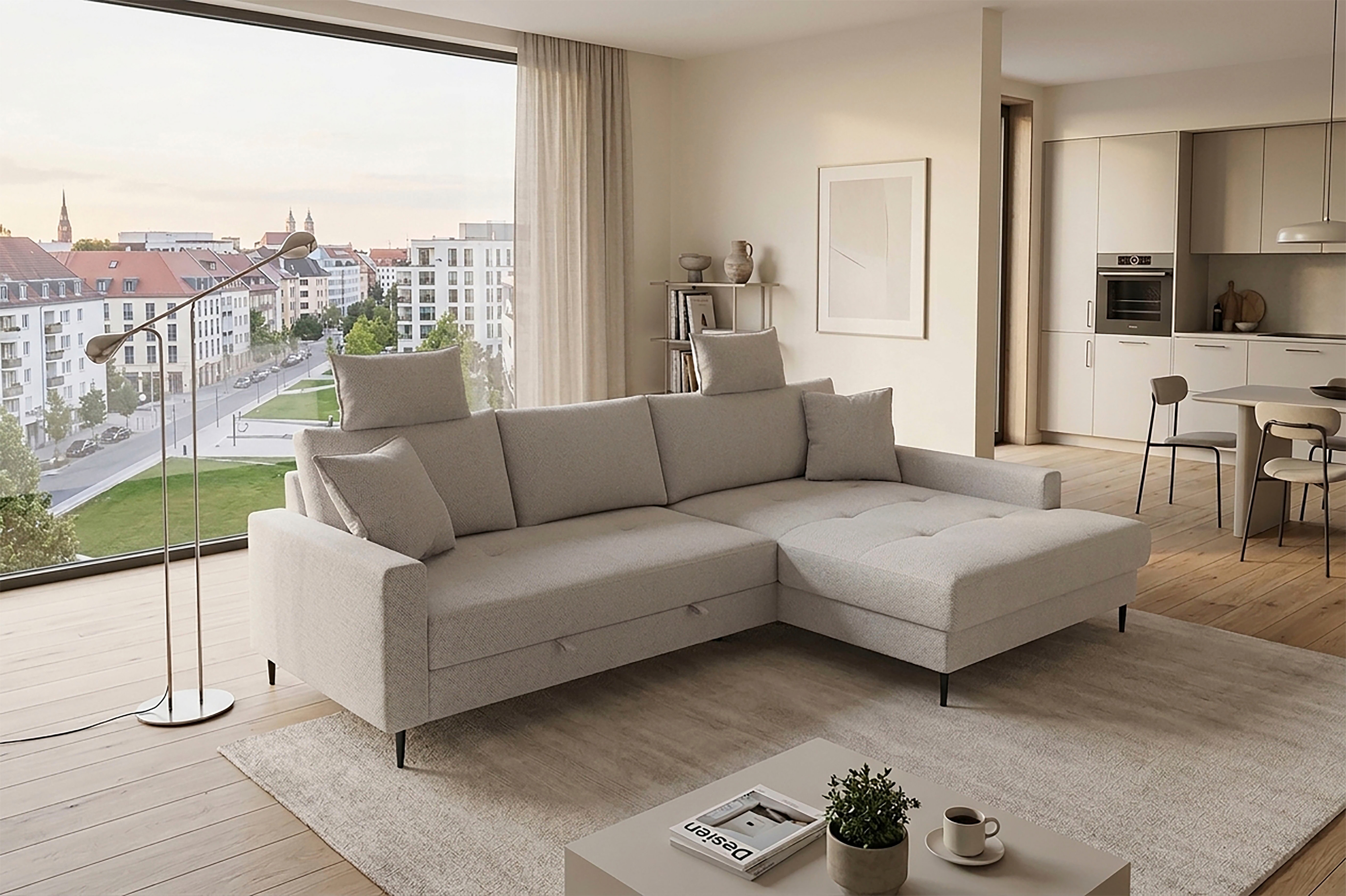 Trends by HG Ecksofa "Summer L-Form, B: 284 cm, Schlaffunktion, 2 Zierkissen" mit Kopfstützen, Wellenfederung, frei stellbar