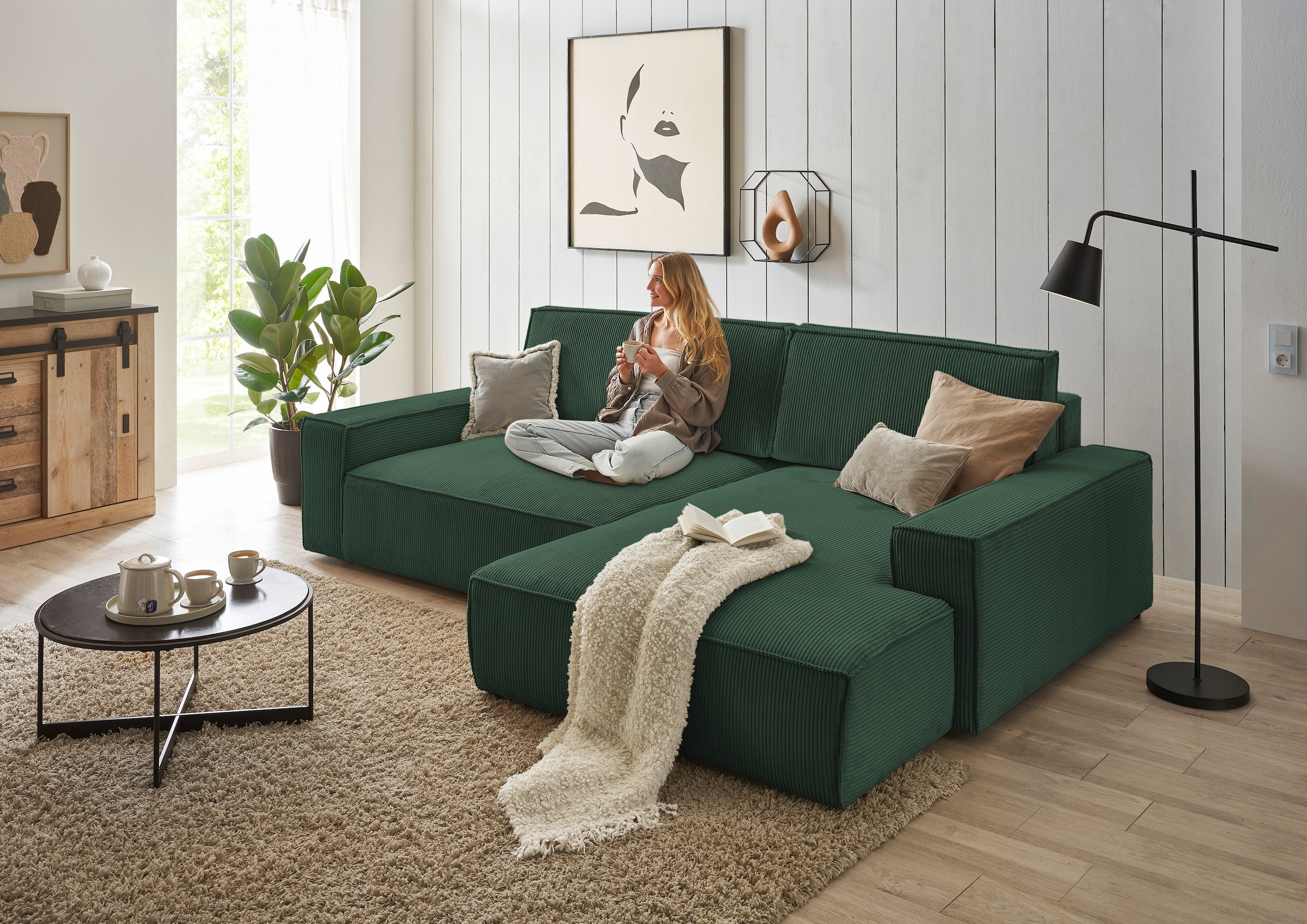 Home affaire Ecksofa »NEU: SHERWOODL XXL 284, Big-Sofa L-Form, tiefe Sitzfläche 95 cm, Cord,«, Leinenoptik, Recamiere rechts/links, auch als Schlafsofa stellbar