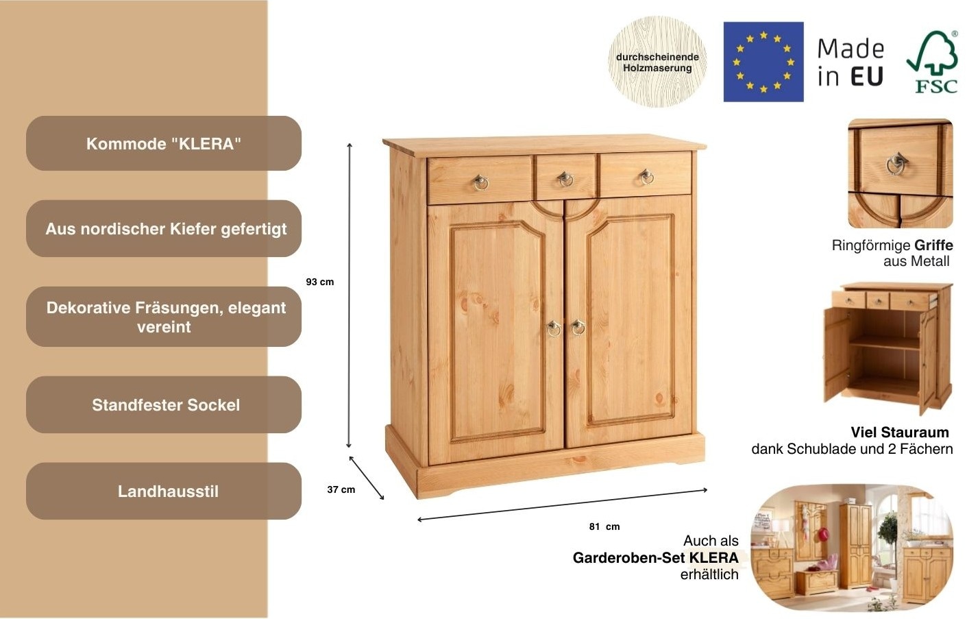 Home affaire Kommode »Klera« Breite 81 cm, aus massiver Kiefer, FSC®-zertifiziert