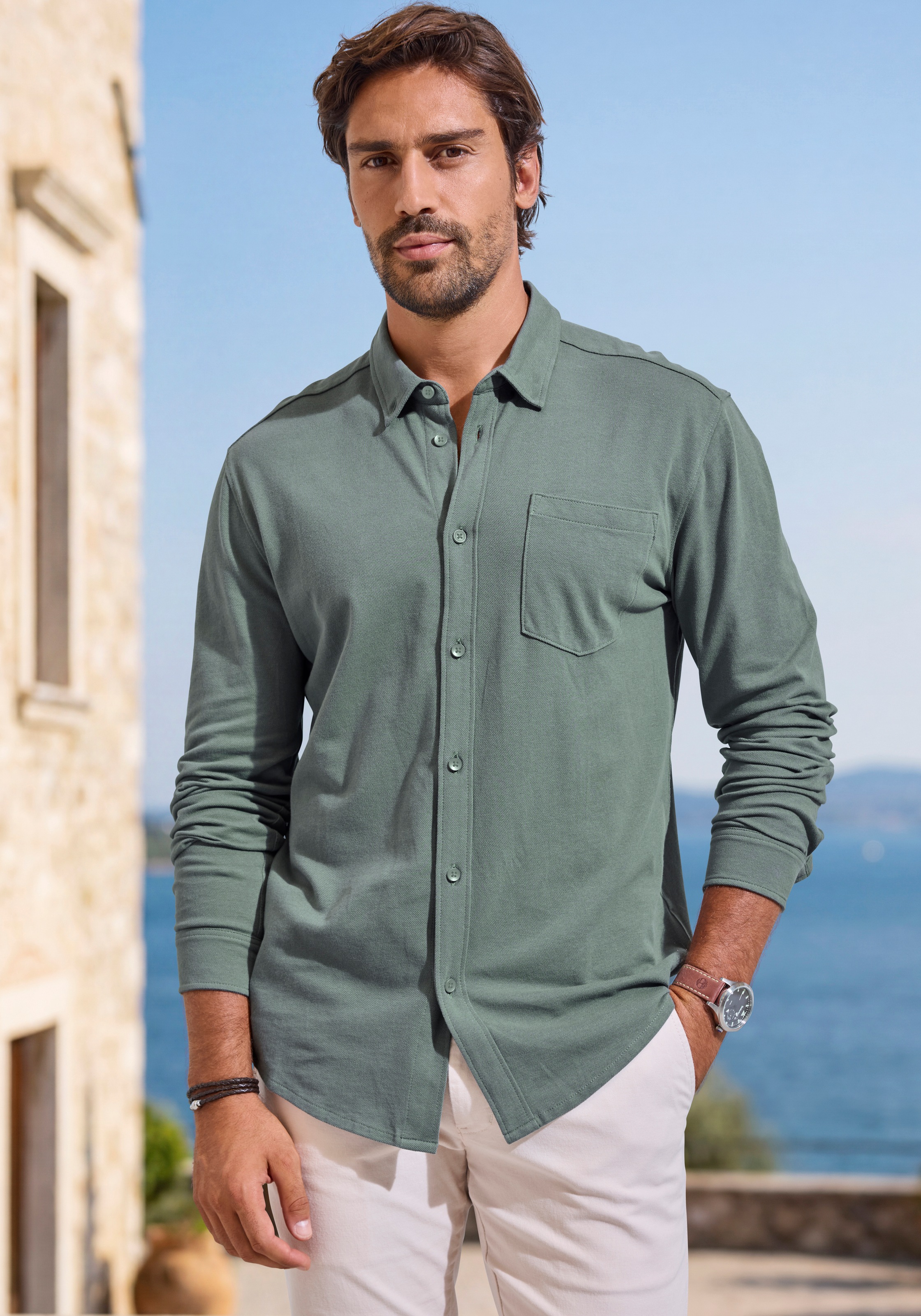 H.I.S Langarmhemd "- leicht strukturiertes Piqué Hemd aus angenehmer Shirt-Qualität" klassischer Kragen, tonige Knöpfe, weiche Baumwoll-Pikee-Qualität