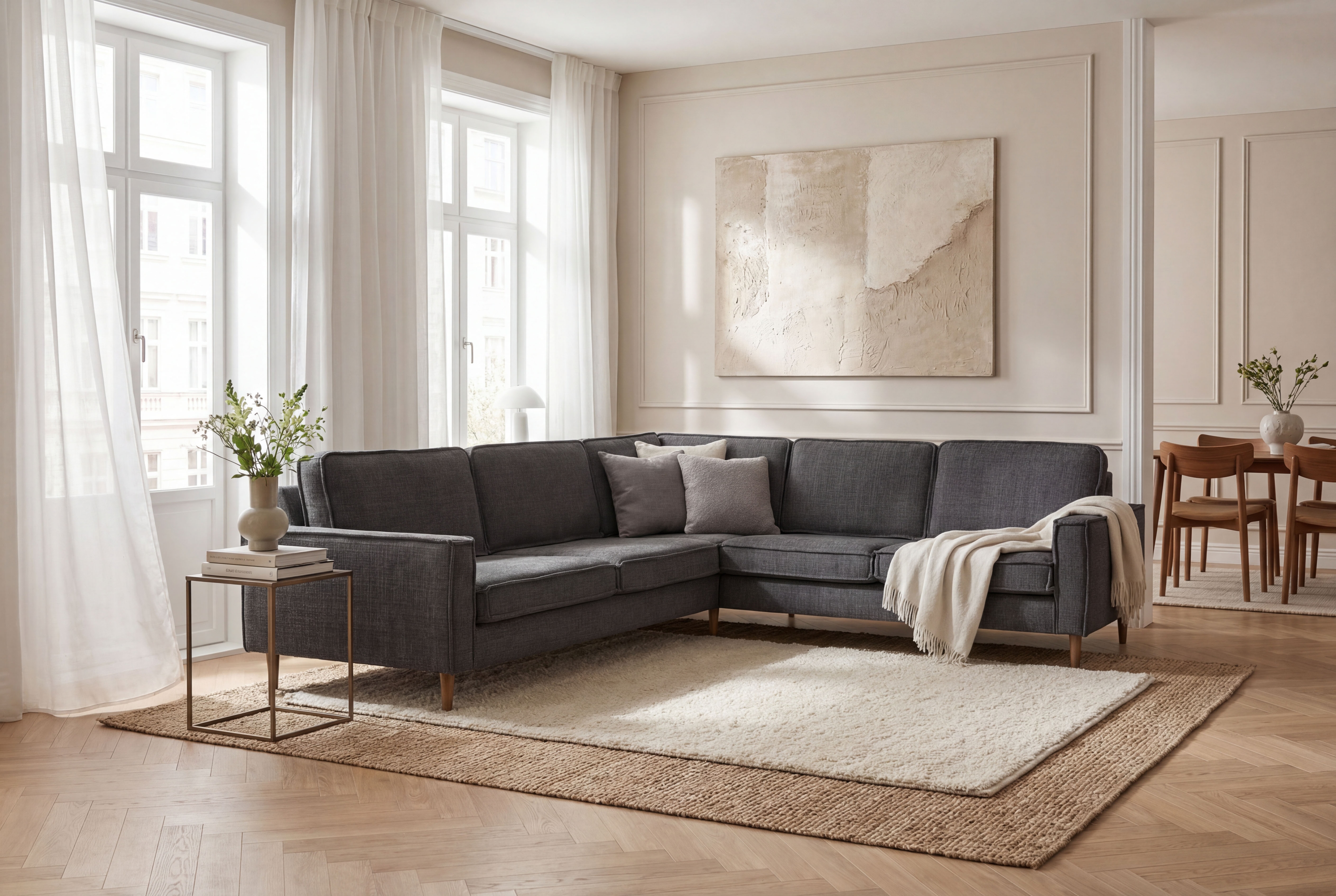 OTTO home Ecksofa "Pinto Skandi, 290 cm, Chenille, Struktur, Ottomane links / rechts" mit Keder, Massivholzfüße Eiche geräuchert, Wellenunterfederung