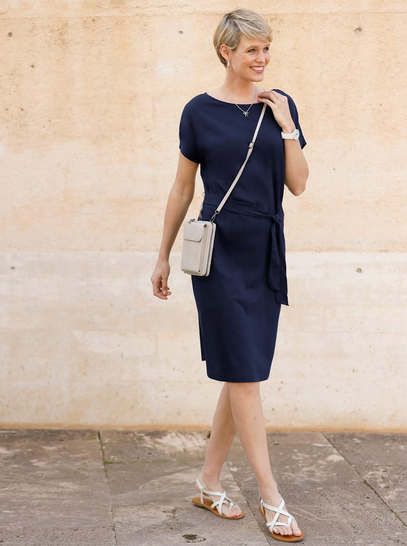 Jerseykleid CLASSIC BASICS "Jersey-Kleid", Damen, Gr. 46, Normalgrößen, marine, Jersey, 100% Baumwolle, gemustert, gestreift, unifarben, knielang, U-Boot-Ausschnitt, Kleider Jerseykleid
