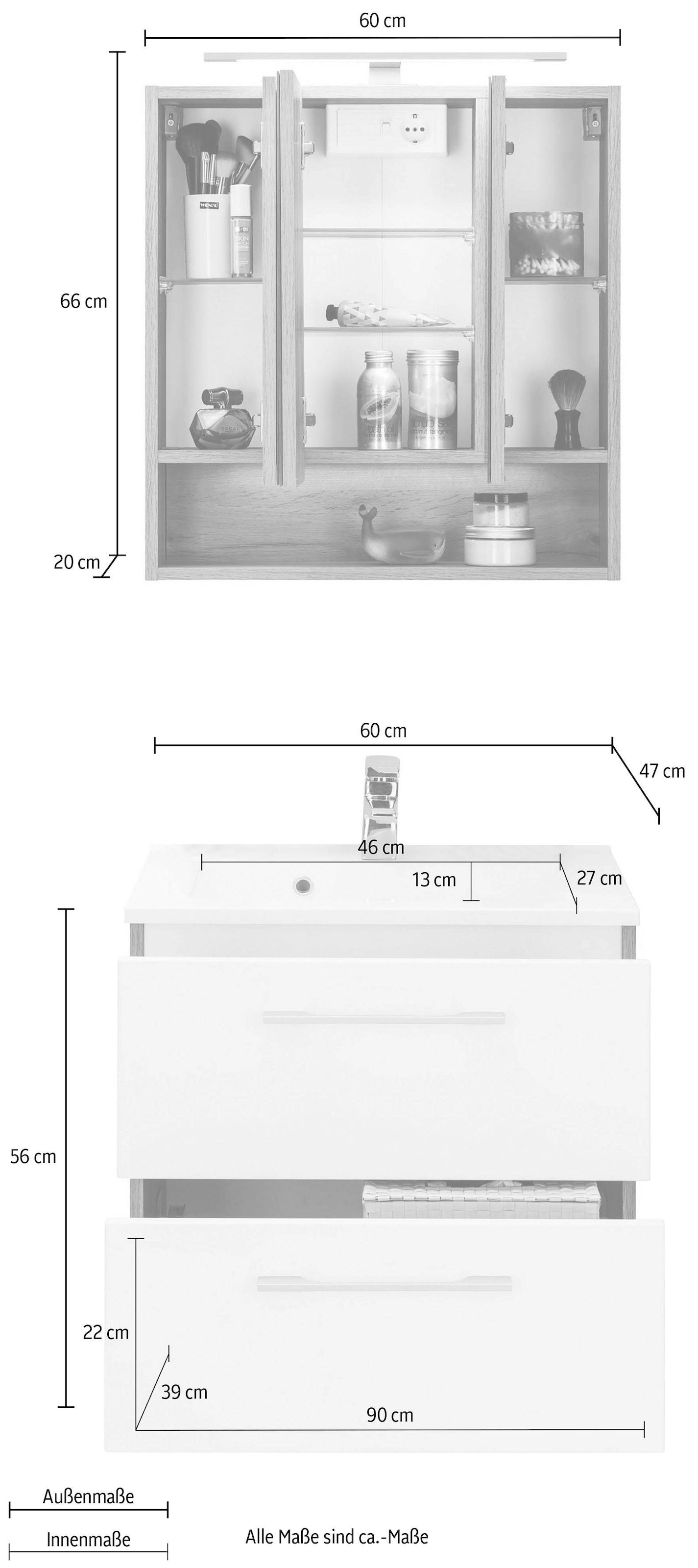 welltime Badmöbel-Set »Soria«, (2 St.), Waschtisch Breite 60 cm, Spiegelschrank