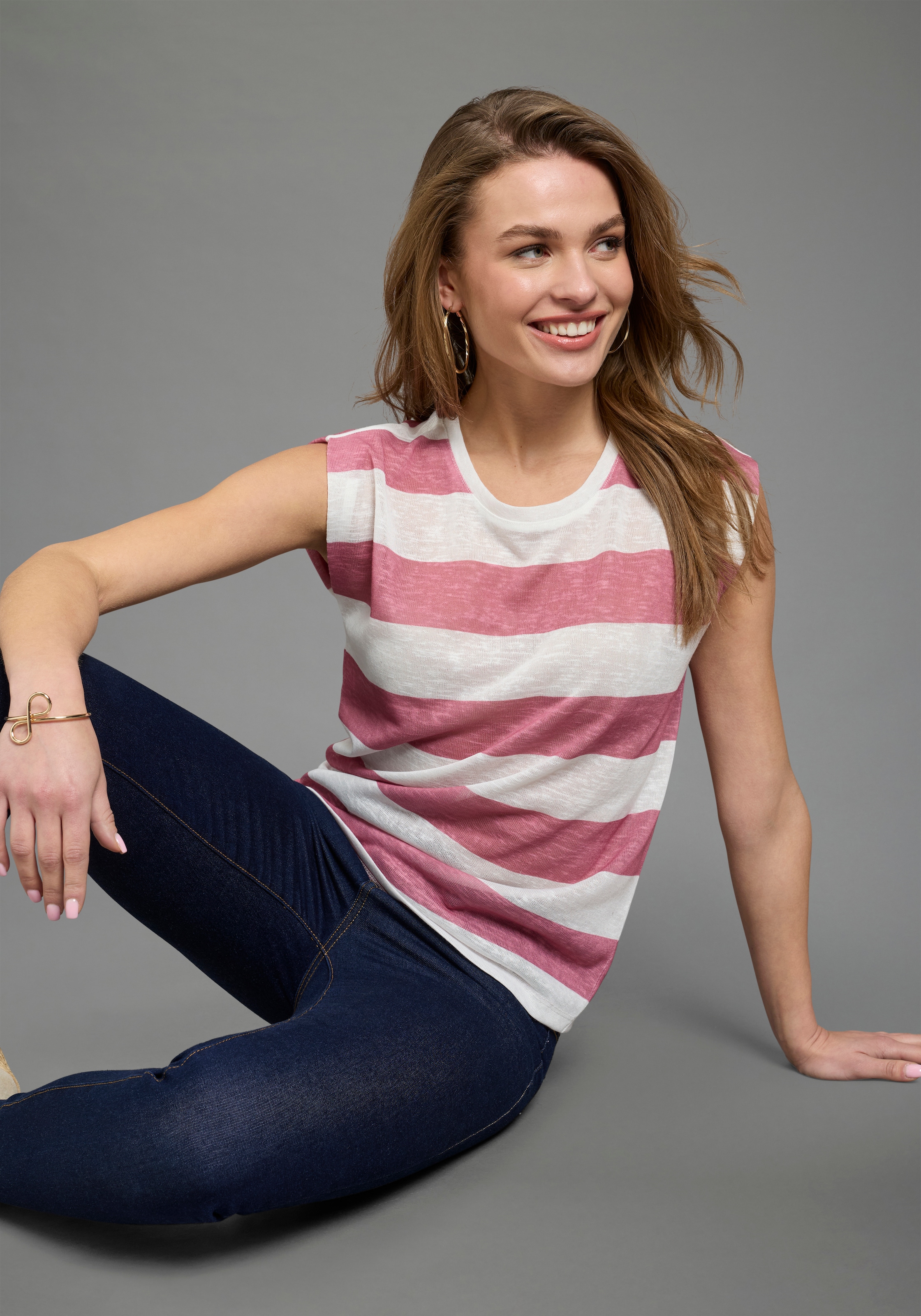 Laura Scott T-Shirt in strukturierter Leinen-Optik, gestreiftes Design günstig online kaufen