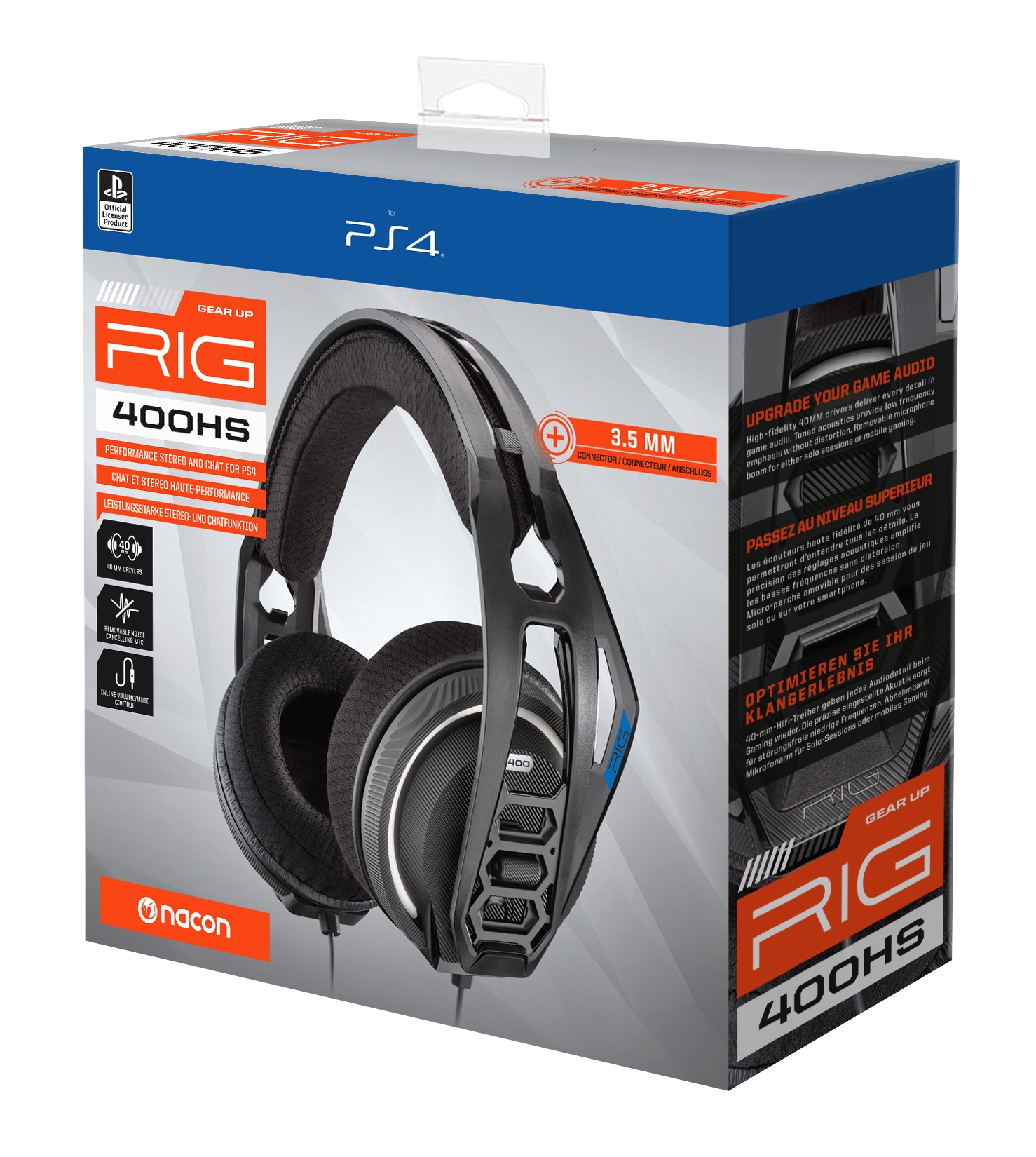 nacon Gaming-Headset »Nacon RIG 400HS Gaming-Headset, schwarz, 3,5 mm Klinke, kabelgebunden«, Geräuschisolierung-Mikrofon abnehmbar, Stereo, Over Ear, Xbox, PC, PS4-Lizenz