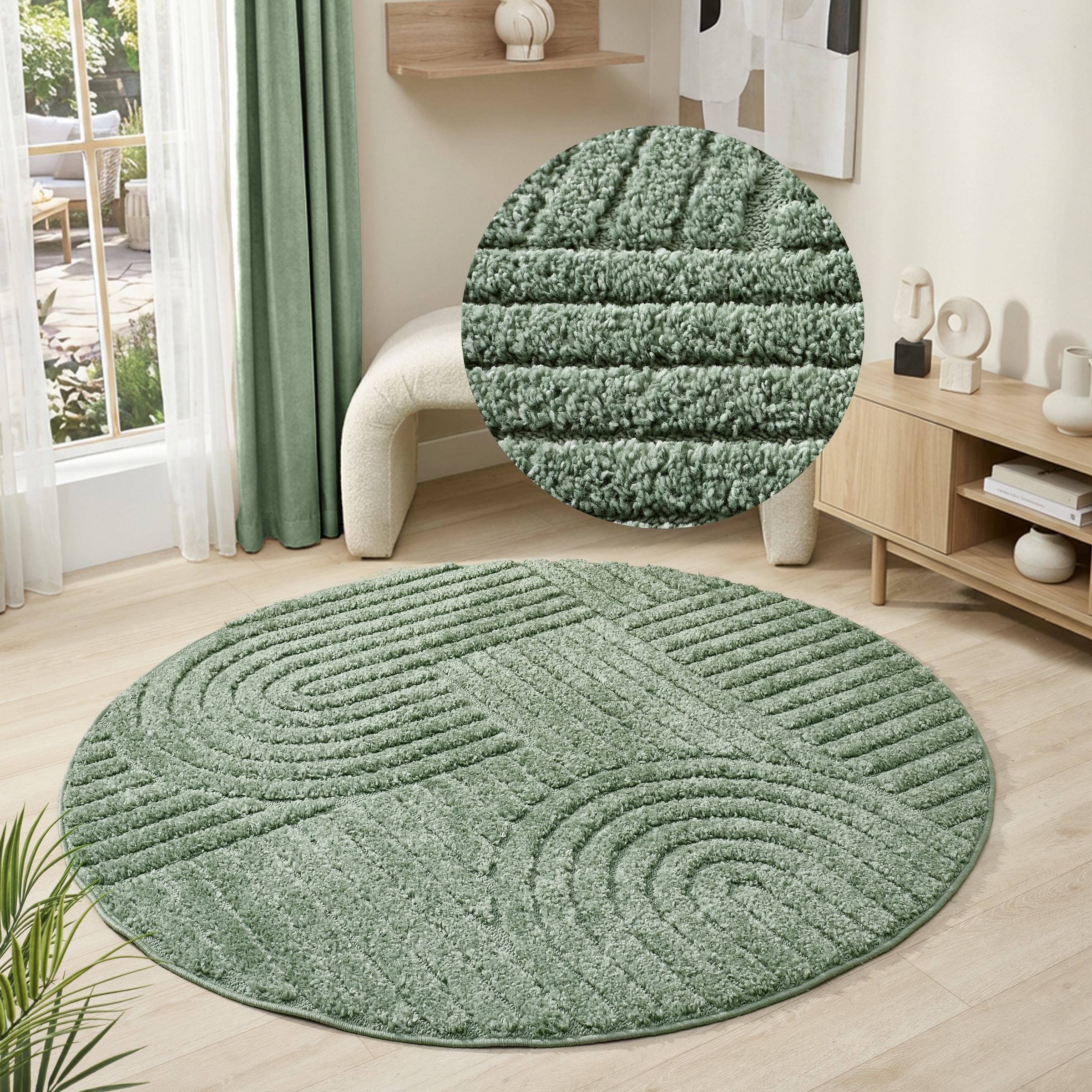 Teppich OTTO HOME "Jonne, Boho-Design, Scandi, Designteppich", dunkelgrün, H:20mm Ø:120cm, Obermaterial: 100% Polypropylen, Teppiche, Teppich, Hoch-Tief, 3D Optik, skandinavischer Stil, Wohnzimmer, Schlafzimmer