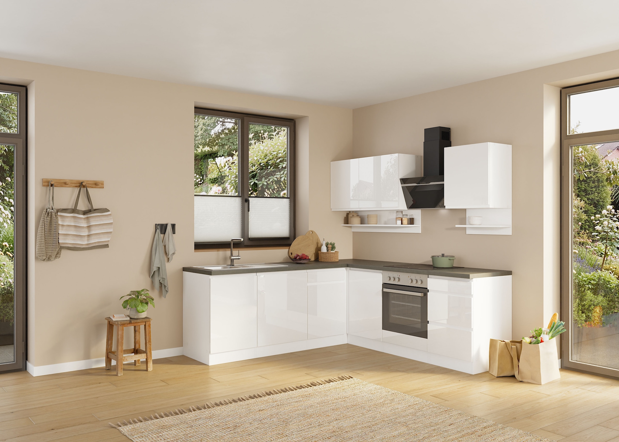 KOCHSTATION Winkelküche »KS-Virginia,neu in verbesserter Ausführung« Arbeitsplatte 38 mm stark, Stauraum, Softclose,  Stellbreite 220/220 cm, Soft-Close,wahlweise mit E-Geräten