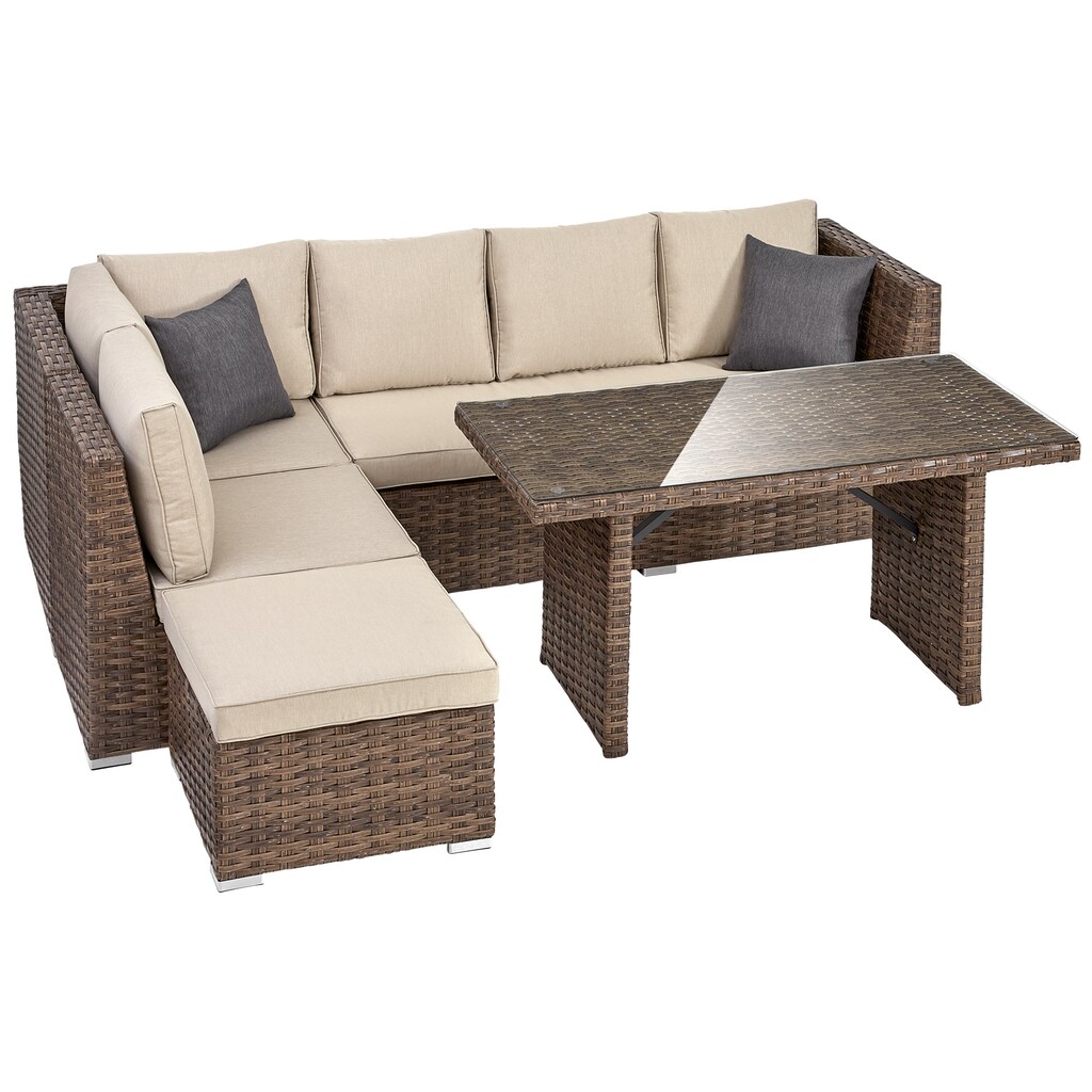 KONIFERA Gartenlounge-Set »Los Angeles«, (Set, 4 tlg., 2er Sofa,2x Sessel,1x Hocker, 1x Tisch 140x70x68, Alu, Polyrattan)