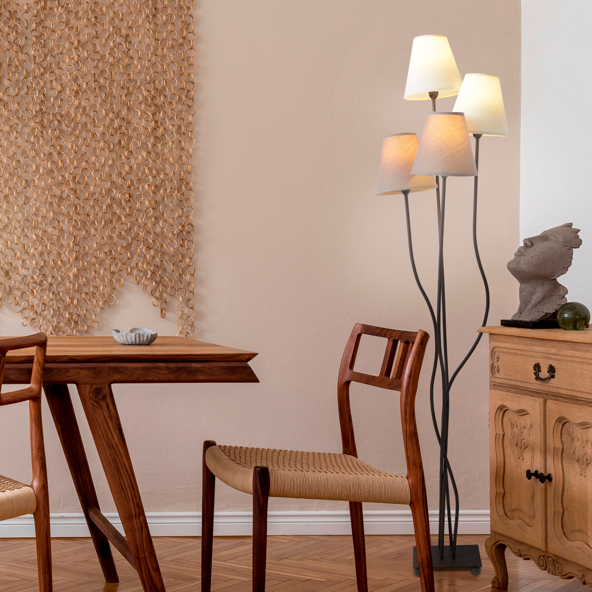 näve Stehlampe »Boho«, 4 flammig, Leuchtmittel E14 | ohne Leuchtmittel, 4flg., E14, Textilschirme 2x beige, 2x braun, inkl. Fußschalter