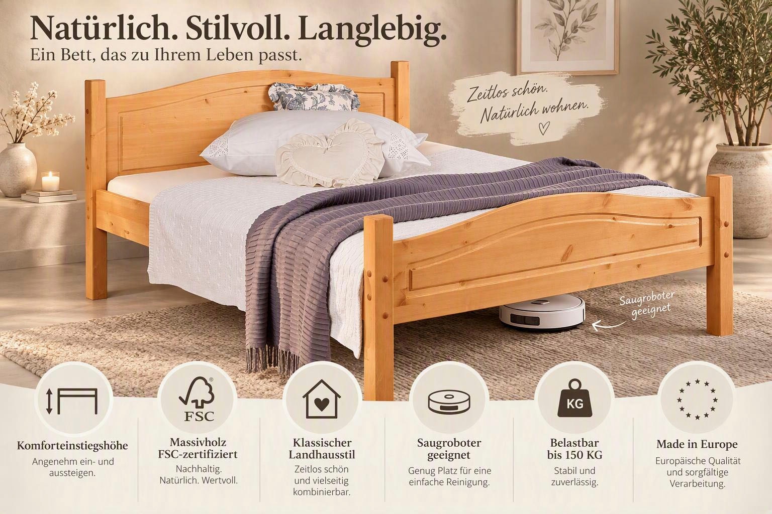 OTTO home Massivholzbett »Bolton, Komforteinstiegshöhe, auch für Senioren geeignet,« FSC®-zertifiziertes massives Kiefernholz