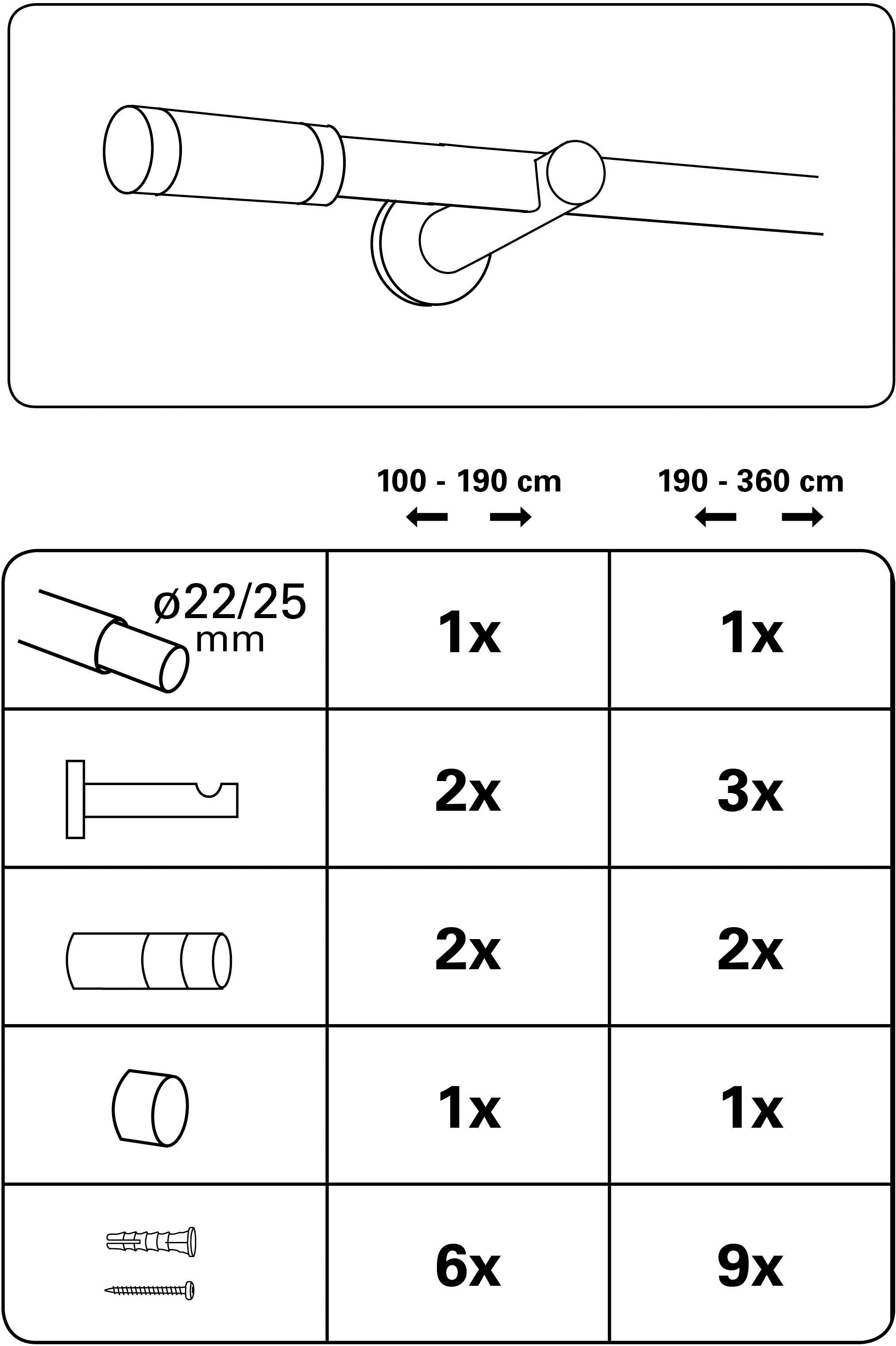 GARDINIA Gardinenstange »Set Metall 22/25 mm«, 1 läufig-läufig, ausziehbar, 1-Lauf