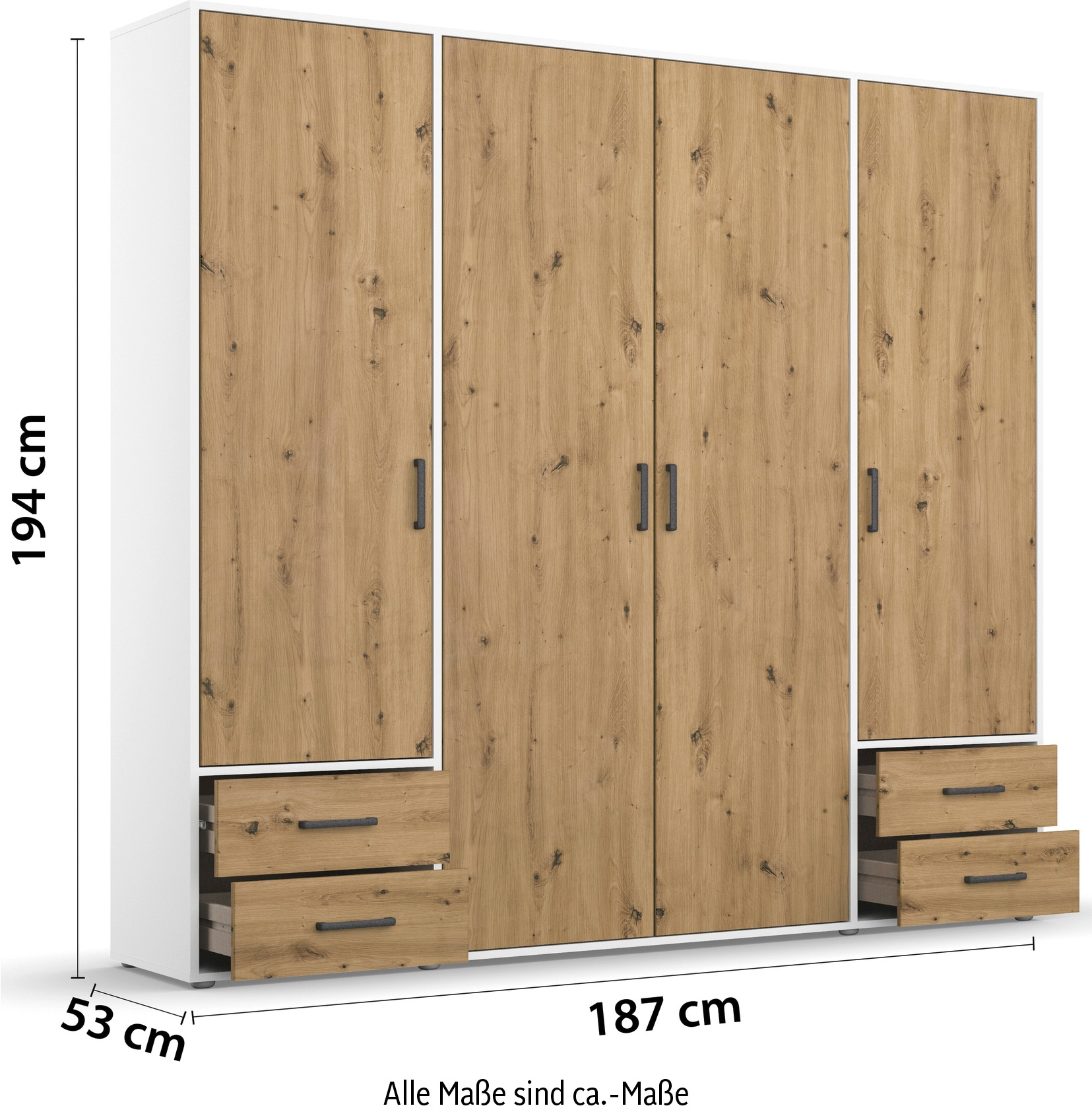 rauch Drehtürenschrank »Kleiderschrank Schrank Garderobe Wäscheschrank VOYAGER«, (in 3 verschiedenen Ausstattungen BASIC/CLASSIC/PREMIUM), moderne Griffe in Graumetallic mit Außenschubkästen MADE IN GERMANY