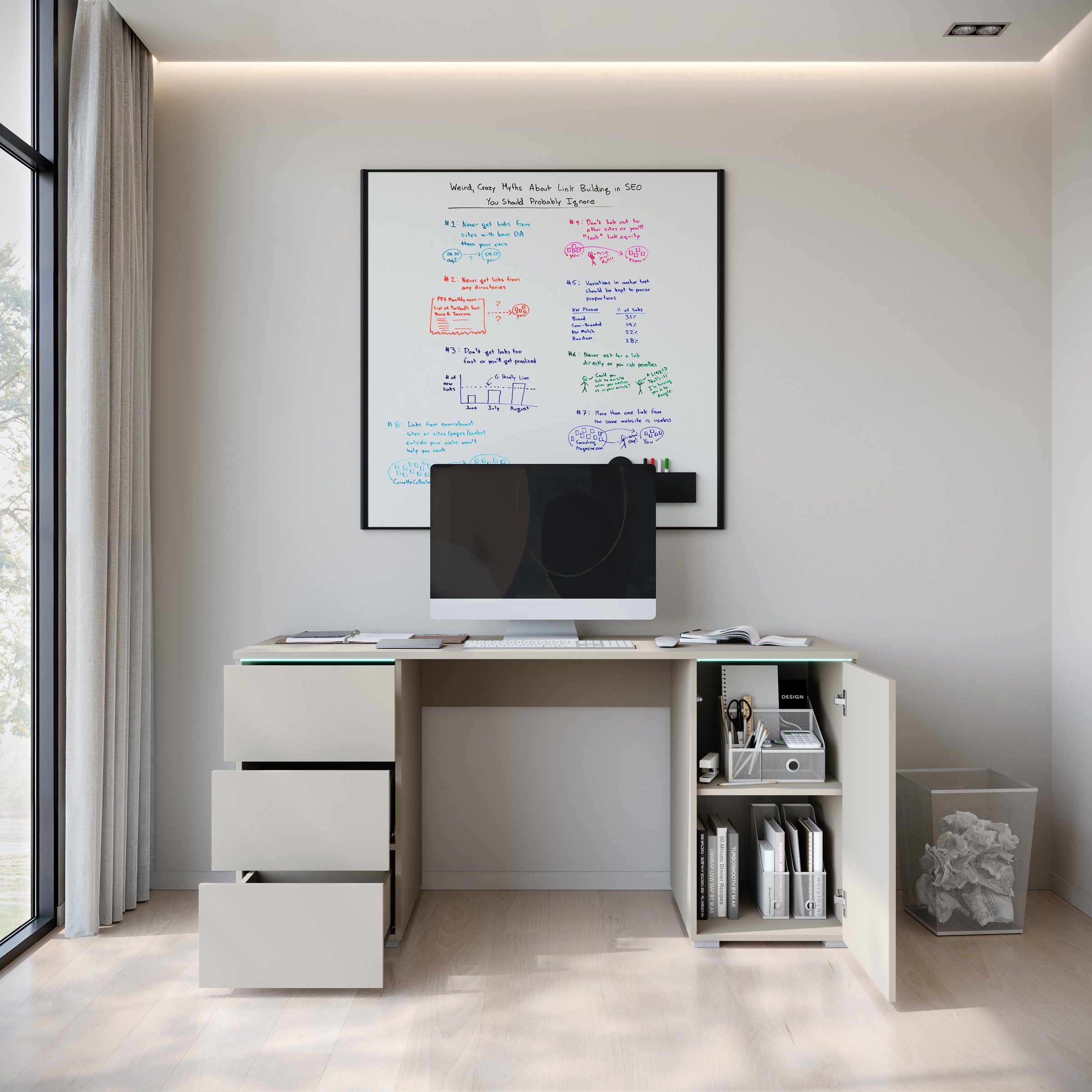 INOSIGN Schreibtisch »Vera«, (1 St.), Bürotisch mit LED, Push-to-Open, 3 Schubladen & Stauraum