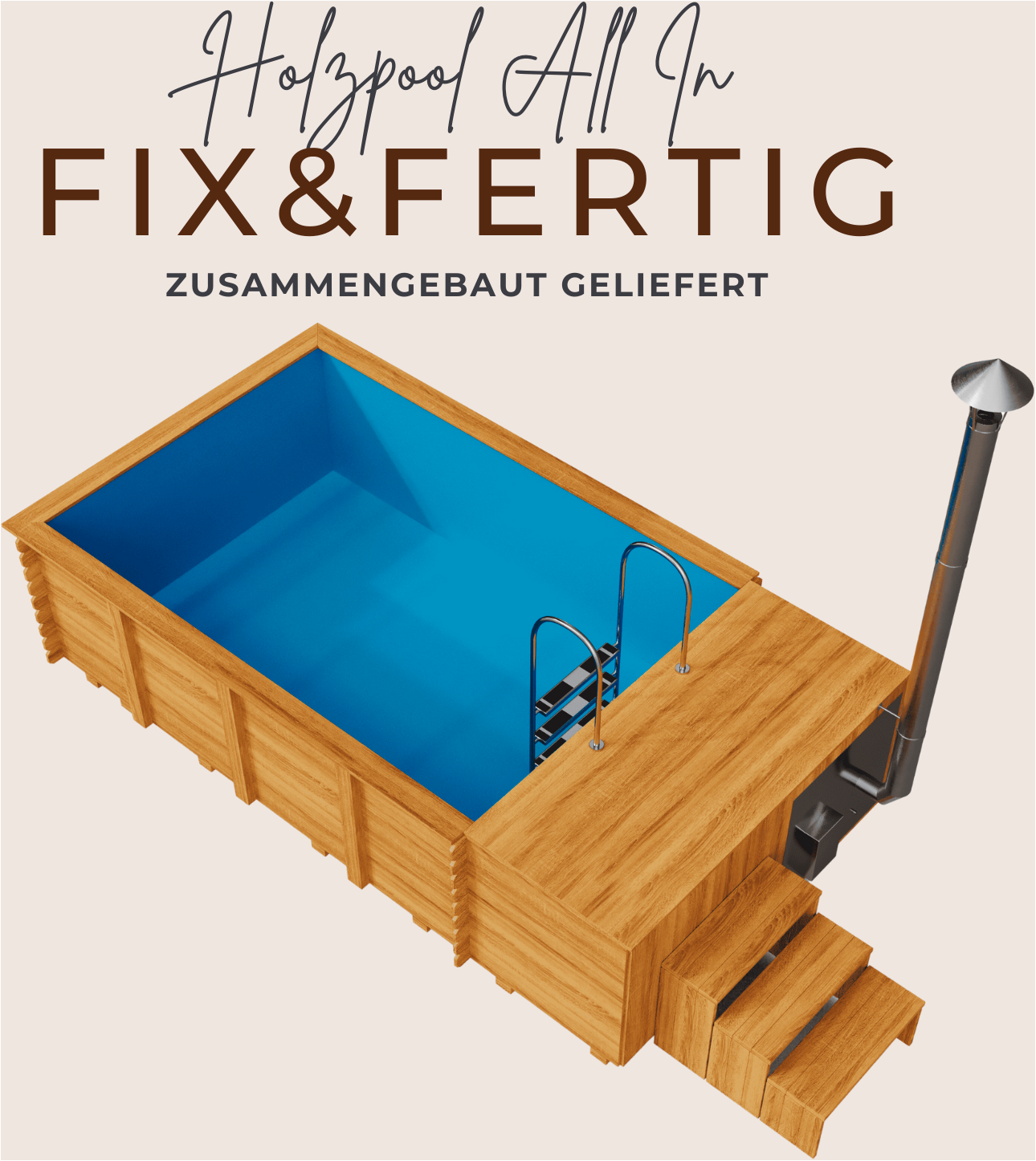 EDEN Holzmanufaktur Rechteckpool »Fix&Fertig All In«, (Set, 6 tlg.), inkl. Dämmung, Sandfilter, Skimmer, LED, Holzofen