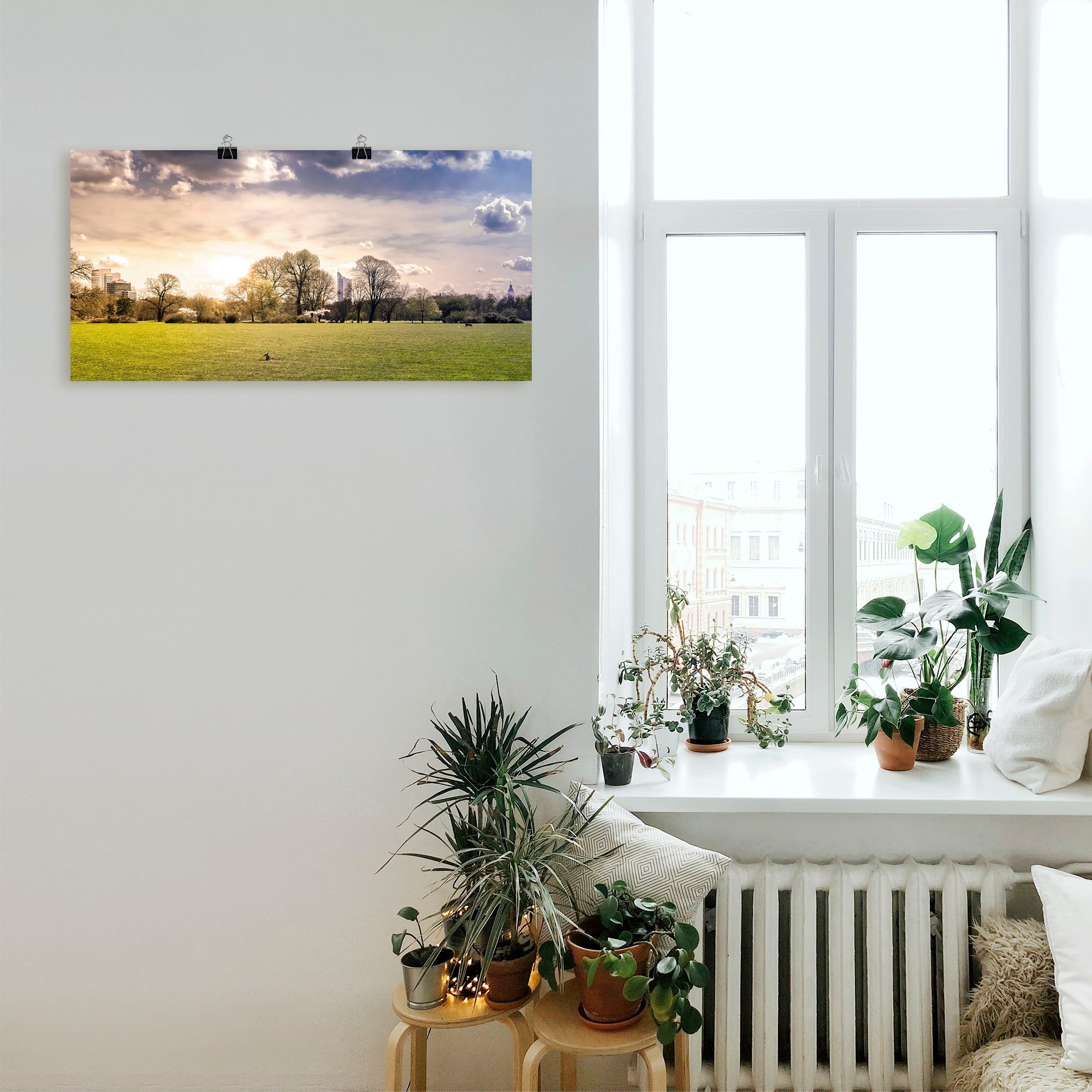 Artland Wandbild »Rosentalwiese Leipzig mit Hund & Skyline«, Wiesen & Baumbilder, (1 St.), als Alubild, Leinwandbild, Wandaufkleber oder Poster in versch. Größen