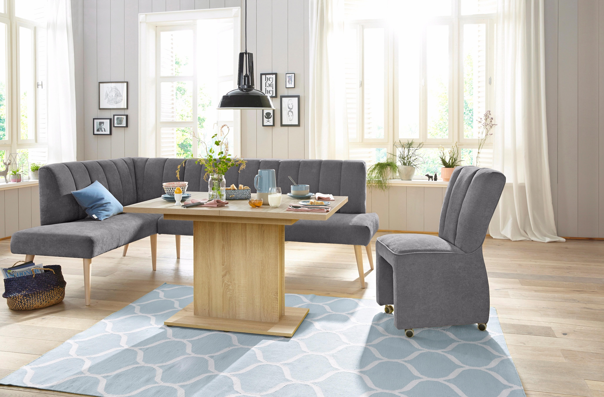 exxpo - sofa fashion Eckbank »Costa, moderne Rückensteppung, bequem und elegant, hoher Holzfuß«, hochwertig verarbeitet, Frei im Raum stellbar