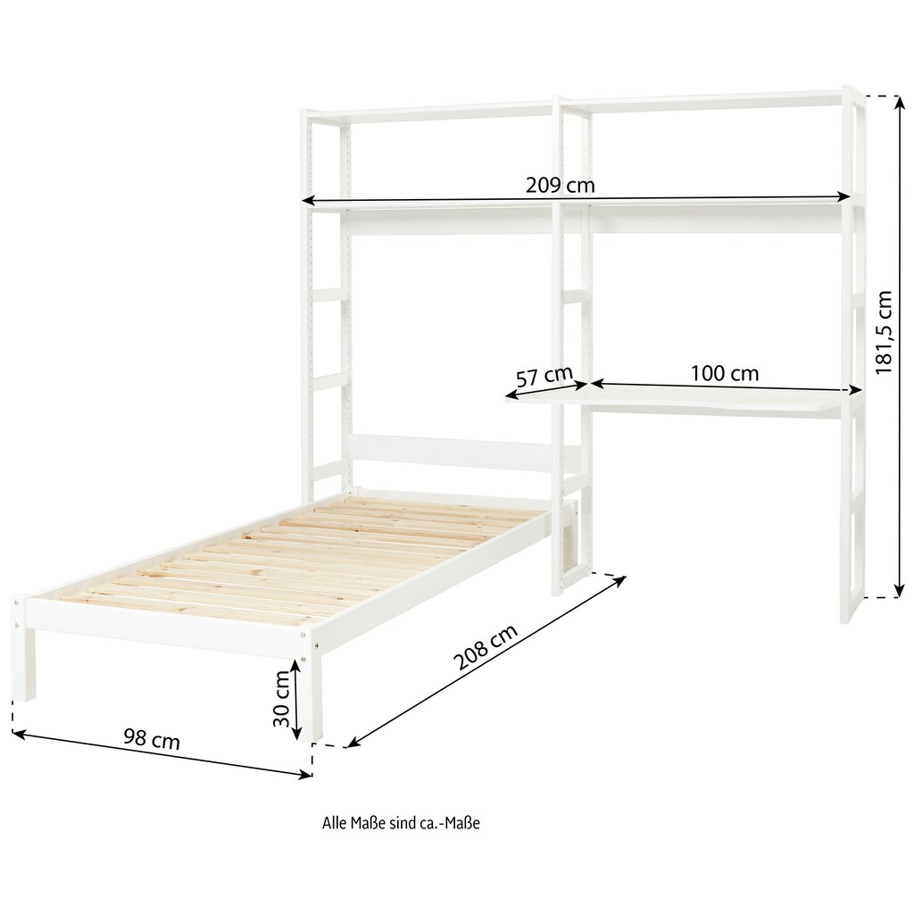 Hoppekids Jugendzimmer-Set »STOREY«, (Set, 13 St., Bett, Schreibtischplatte, 4 Einlegeböden, 4 Stützelemente, Rollrost)