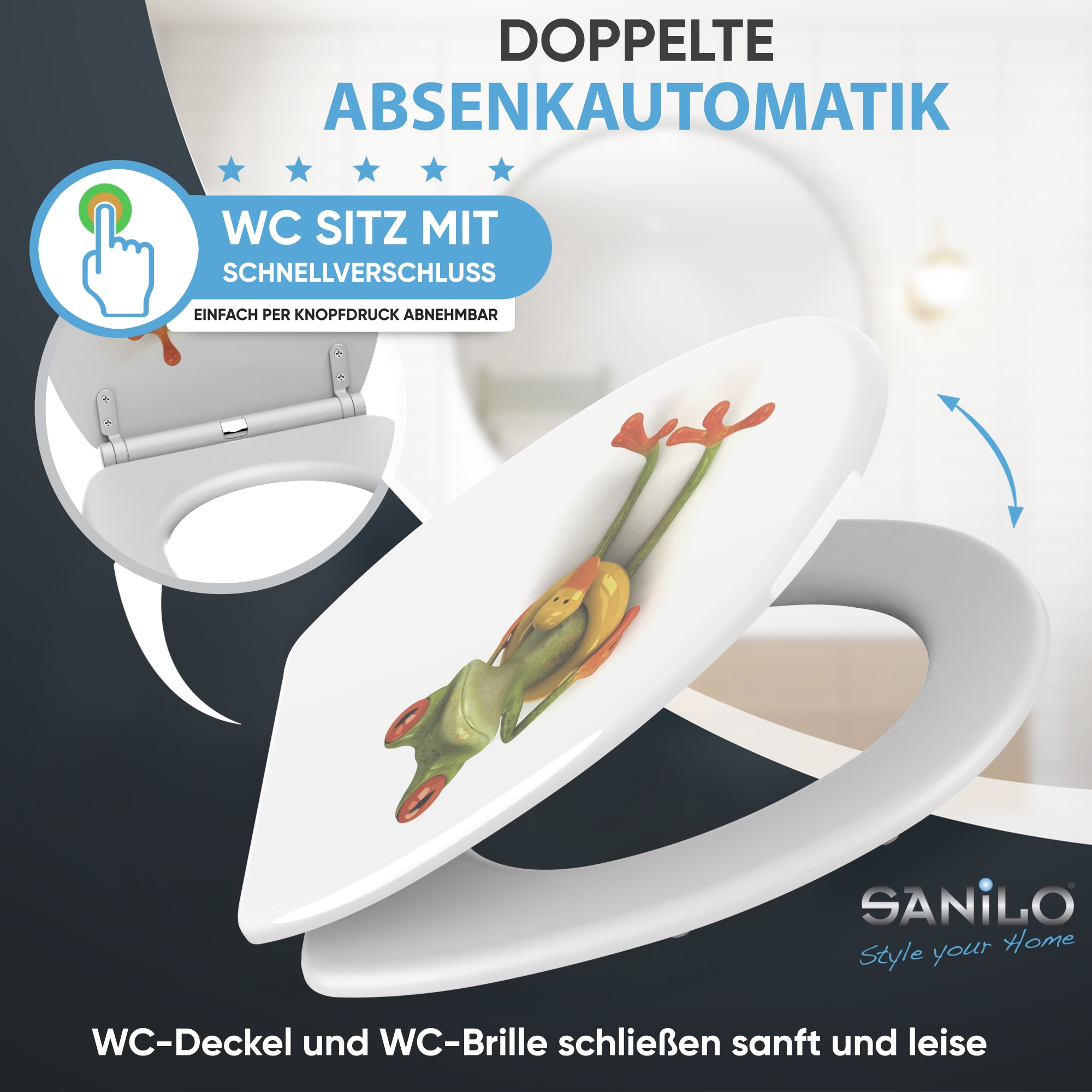Sanilo WC-Sitz »Froggy mit Absenkautomatik & Quick Release« Premium Toilettendeckel, abnehmbar, leichte Montage von oben