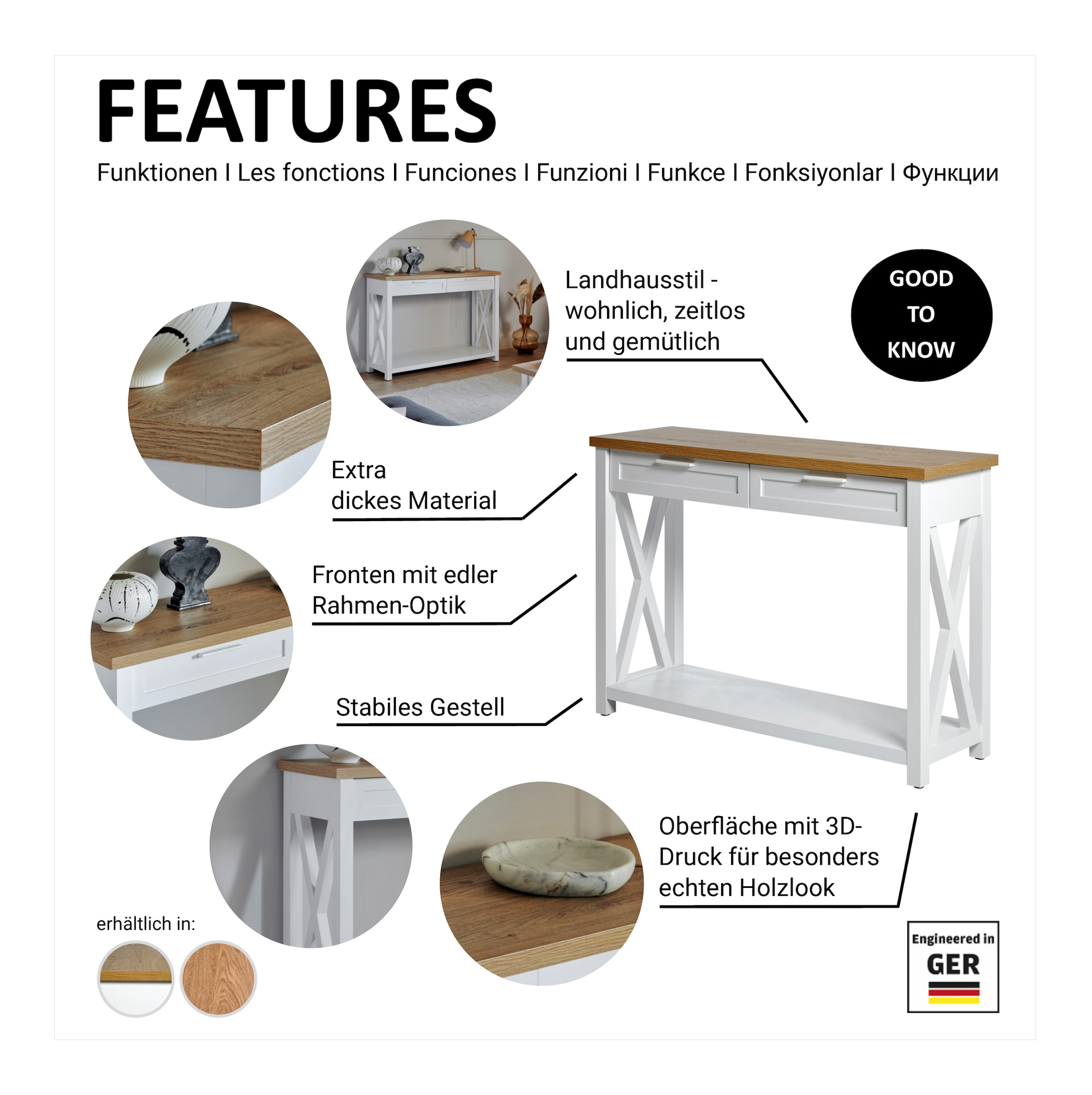 Jahnke Konsolentisch »Chalet«, (1 St.), Konsolentisch mit 2 Schubladen und Ablage, Landhausstil, X-Design