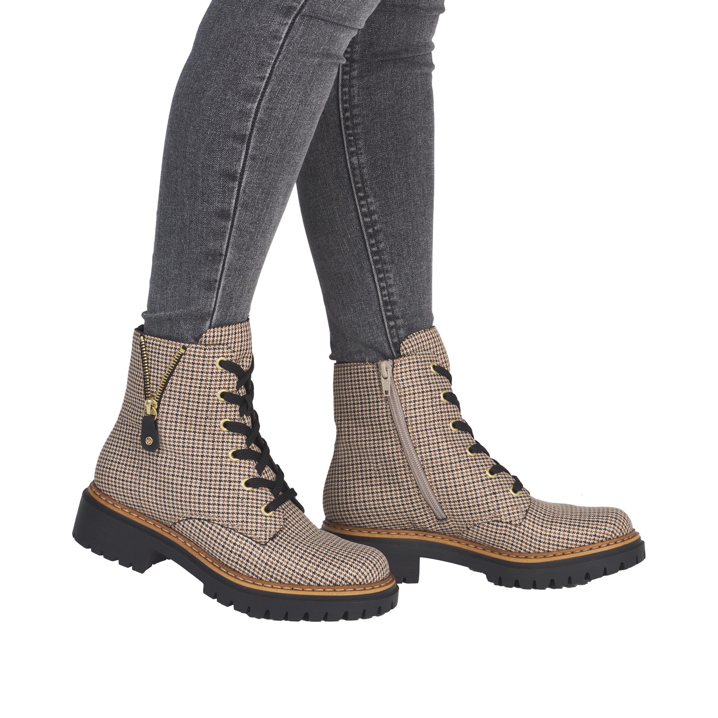 Rieker Schnürstiefelette, Schnürboots, Herbstboots, Profilsohle, Blockabsatz, im Pepita-Look
