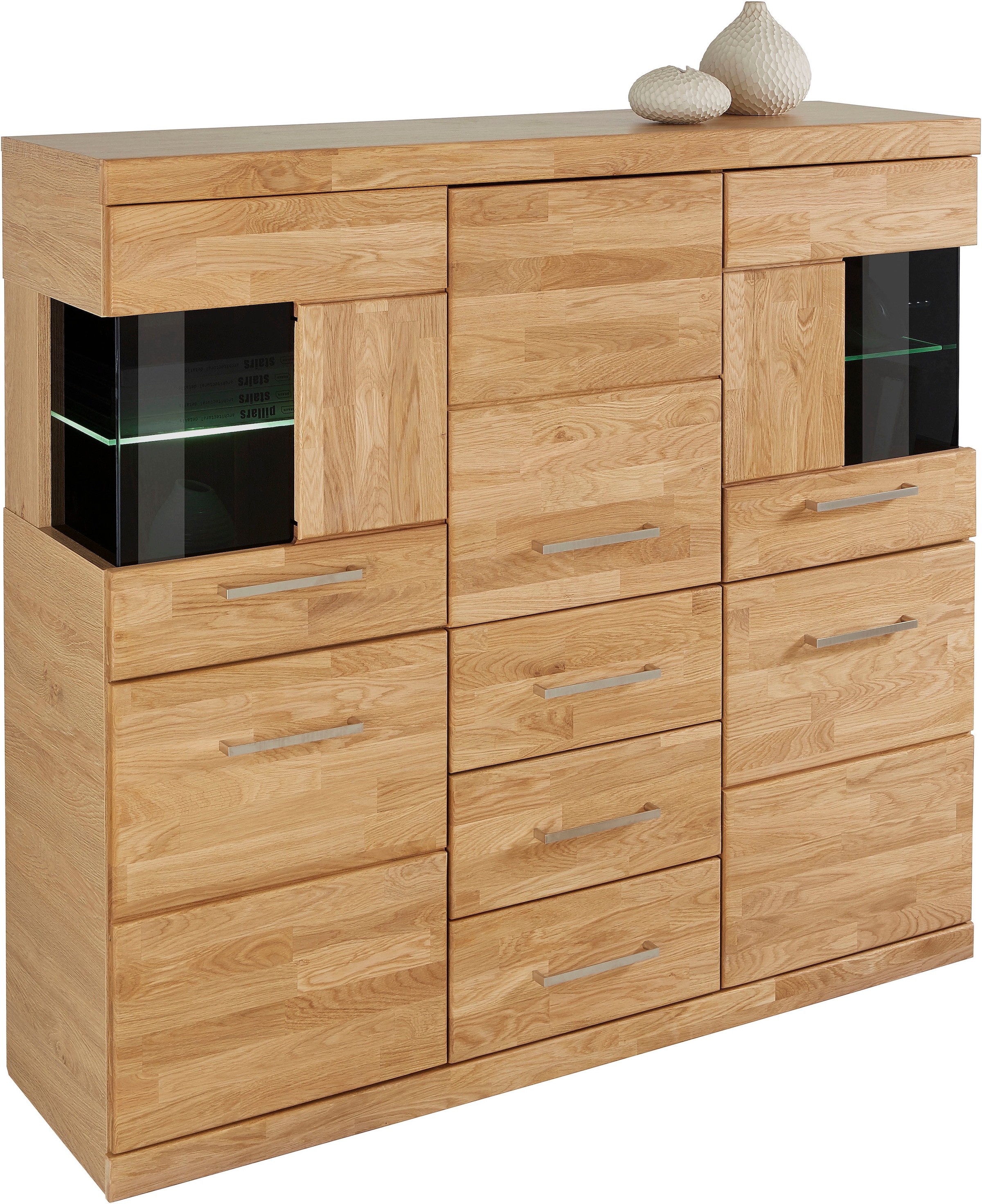 Home affaire Highboard »Ribe,125cm breit,115cm hoch, Fronten Massivholz,5Türen,3 Schubladen«, Holz massiv, Holzwerkstoff, Metall Griffe,10Fächer, Böden versetzbar
