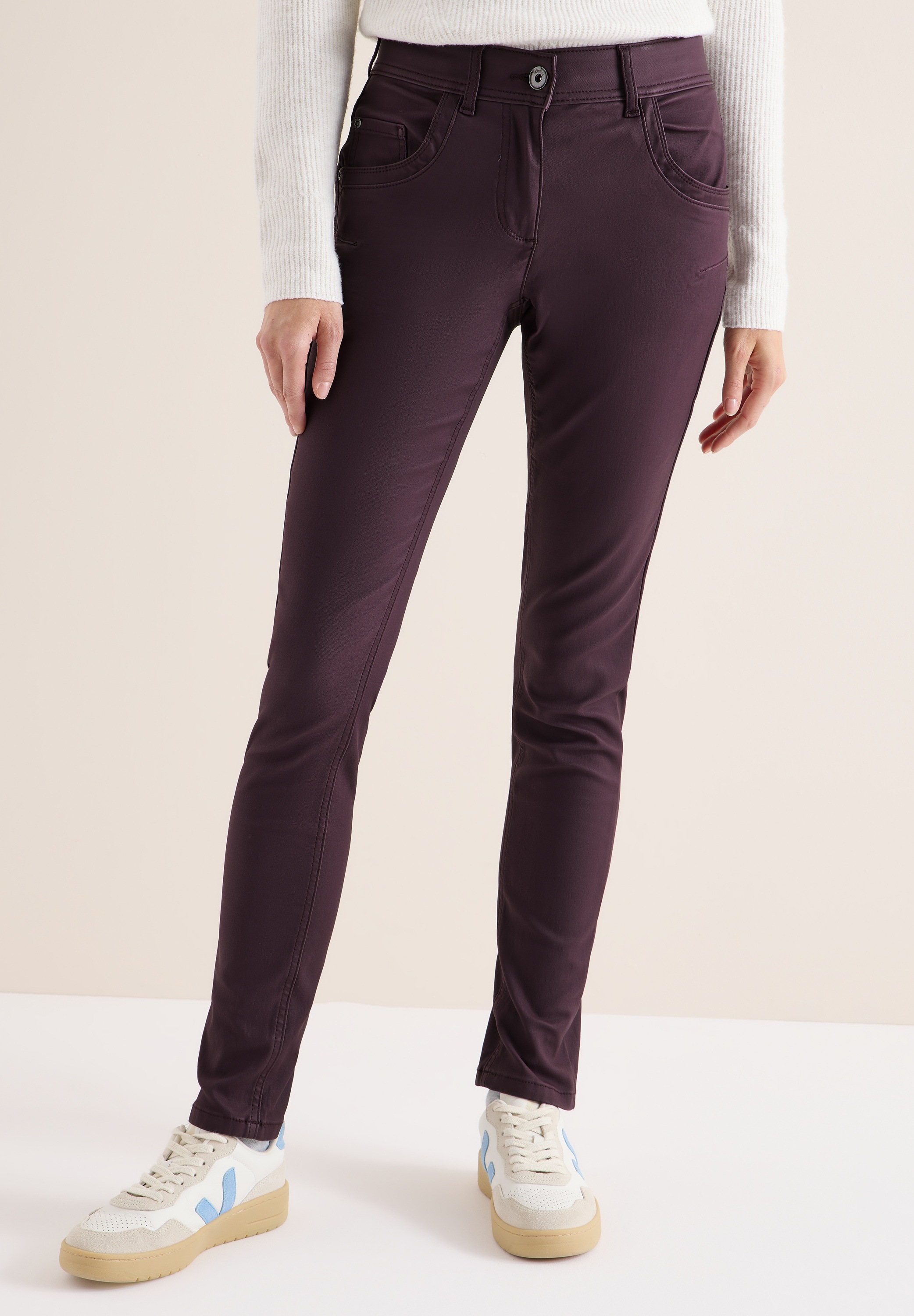 5-Pocket-Hose CECIL, Damen, Gr. 38, Länge 30, eggplant rot, Stoff, 76% Viskose, 21% Nylon, 3% Elasthan, leicht glänzend, comfort fit normal, Hosen 5-Pocket-Hose, mit leichtem Glanz