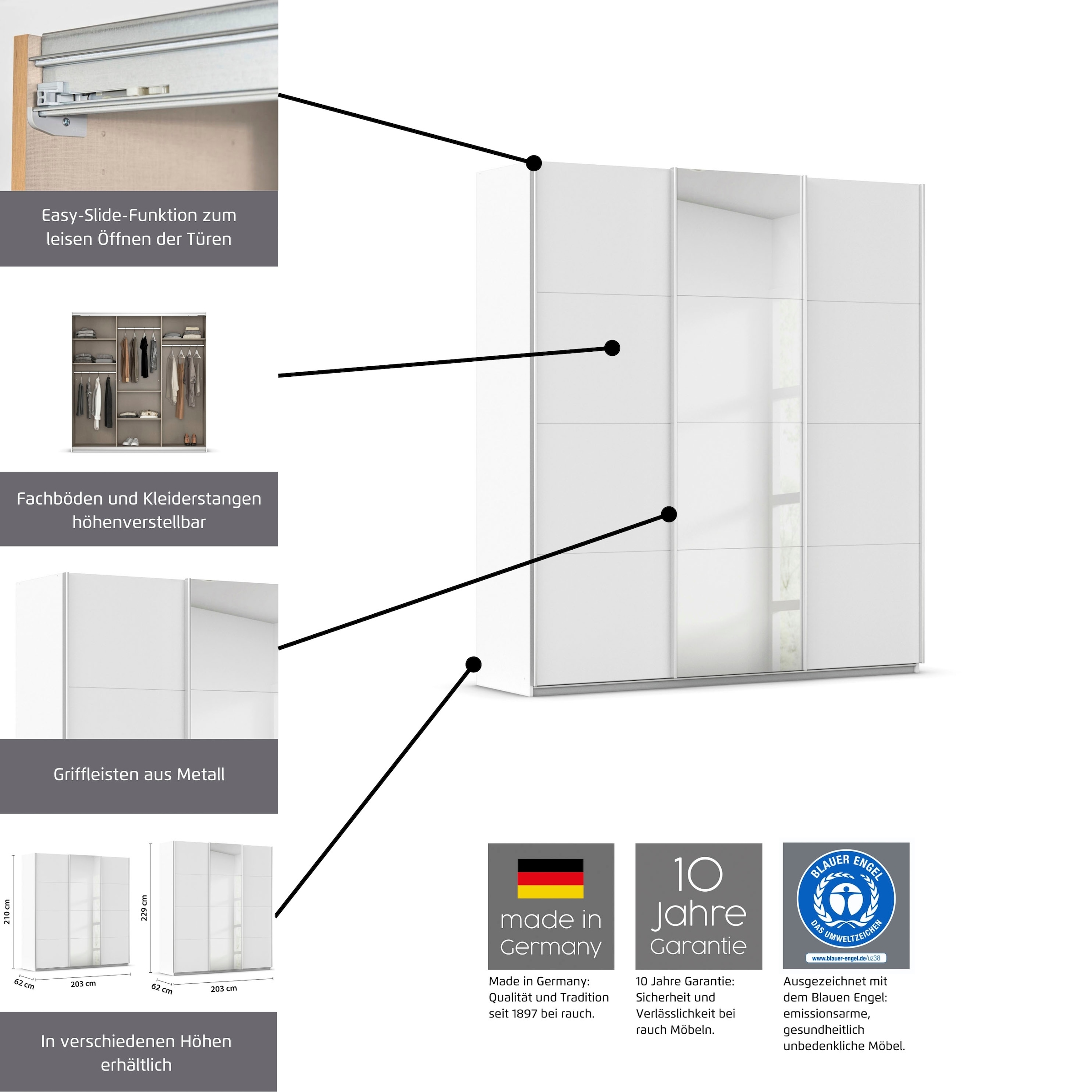 rauch Schwebetürenschrank »Kleiderschrank Schrank OTTO´S CHOICE Garderobe AGORDO«, (in zwei Griff-Farben), Top Innenausstattung, in 4 Breiten und 2 Höhen MADE IN GERMANY